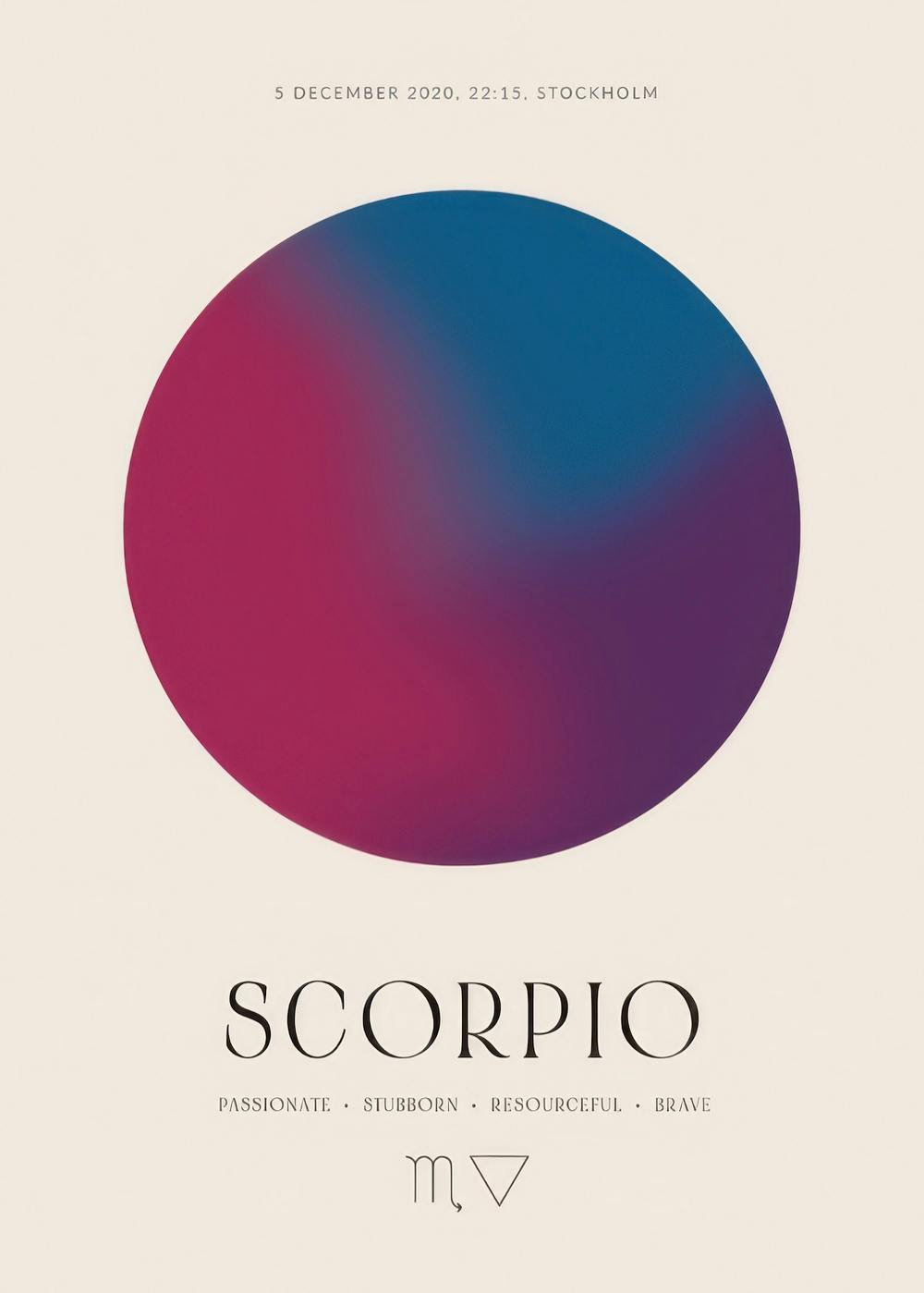 Poster personnalisé du signe astrologique Scorpion, avec un cercle dégradé bleu et violet, la date et le lieu.
