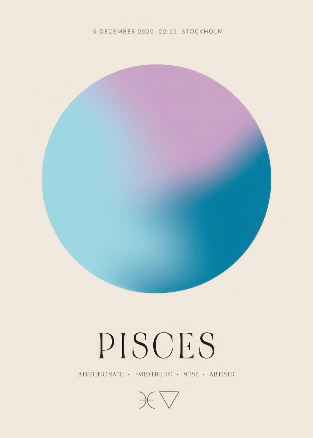 Ein personalisiertes Poster mit einem Farbverlaufskreis in Blau und Lila, dem Text PISCES und Datum/Ort.