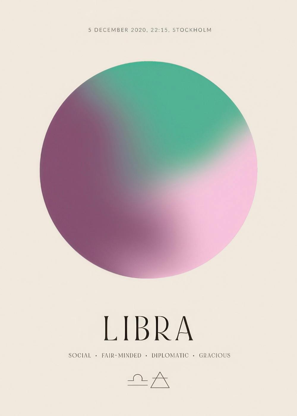 Póster personalizado con círculo degradado en tonos púrpura, rosa y verde, y texto LIBRA con sus características.