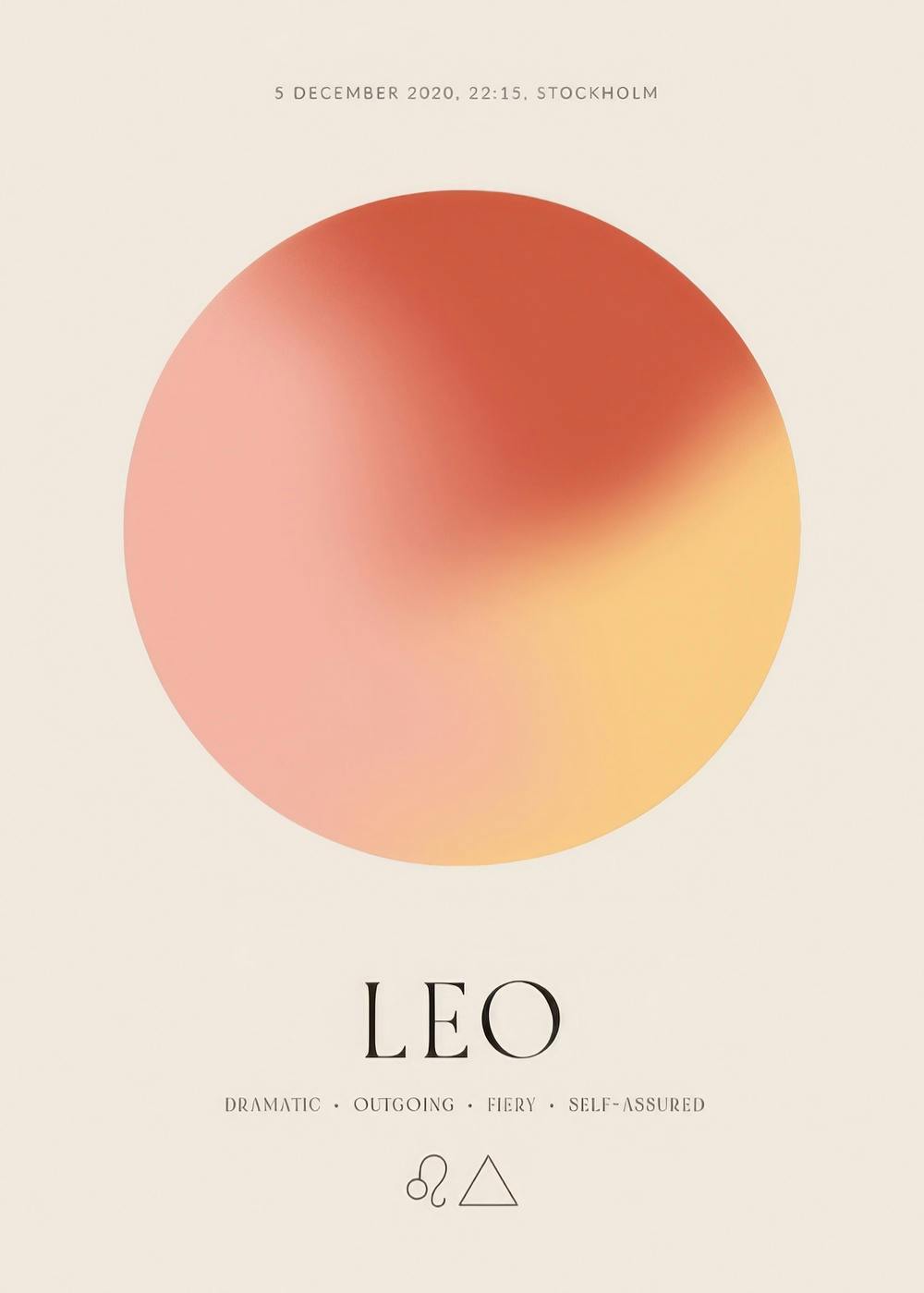 Póster personalizado con un círculo degradado en tonos coral, rosa y amarillo sobre fondo crema, y el texto Leo con sus caracter