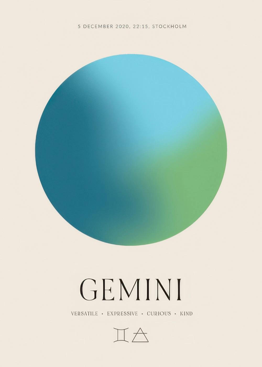 Póster personalizado con un círculo de color azul y verde degradado, y el texto GEMINI con atributos y símbolos.