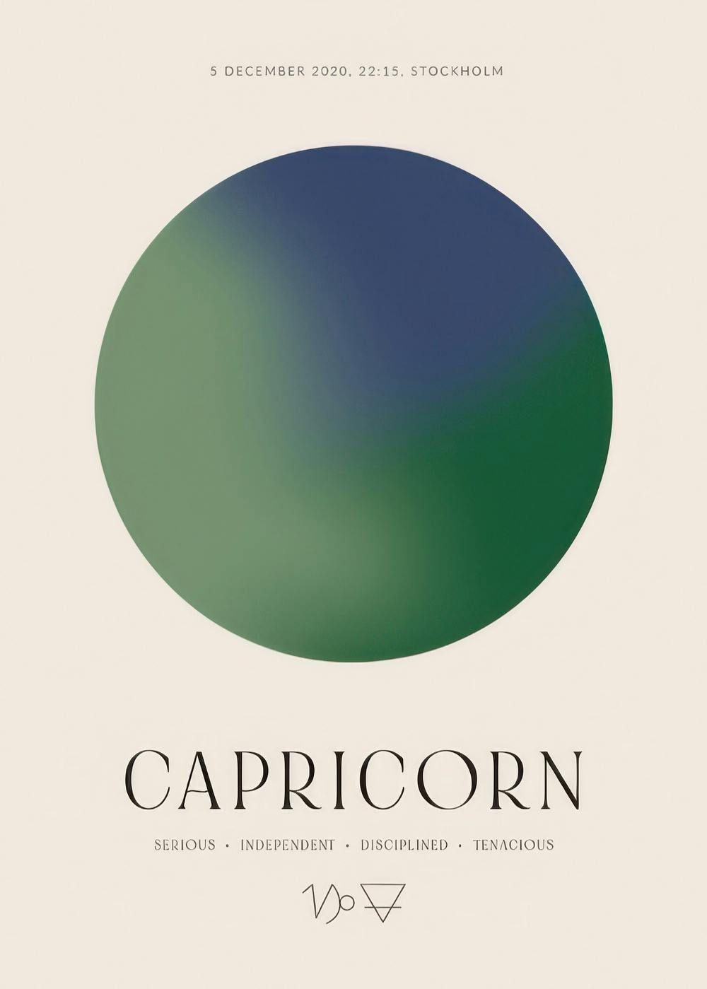 Póster personalizado con círculo degradado en tonos verdes y azules, texto Capricornio, y fecha 5 de diciembre 2020.