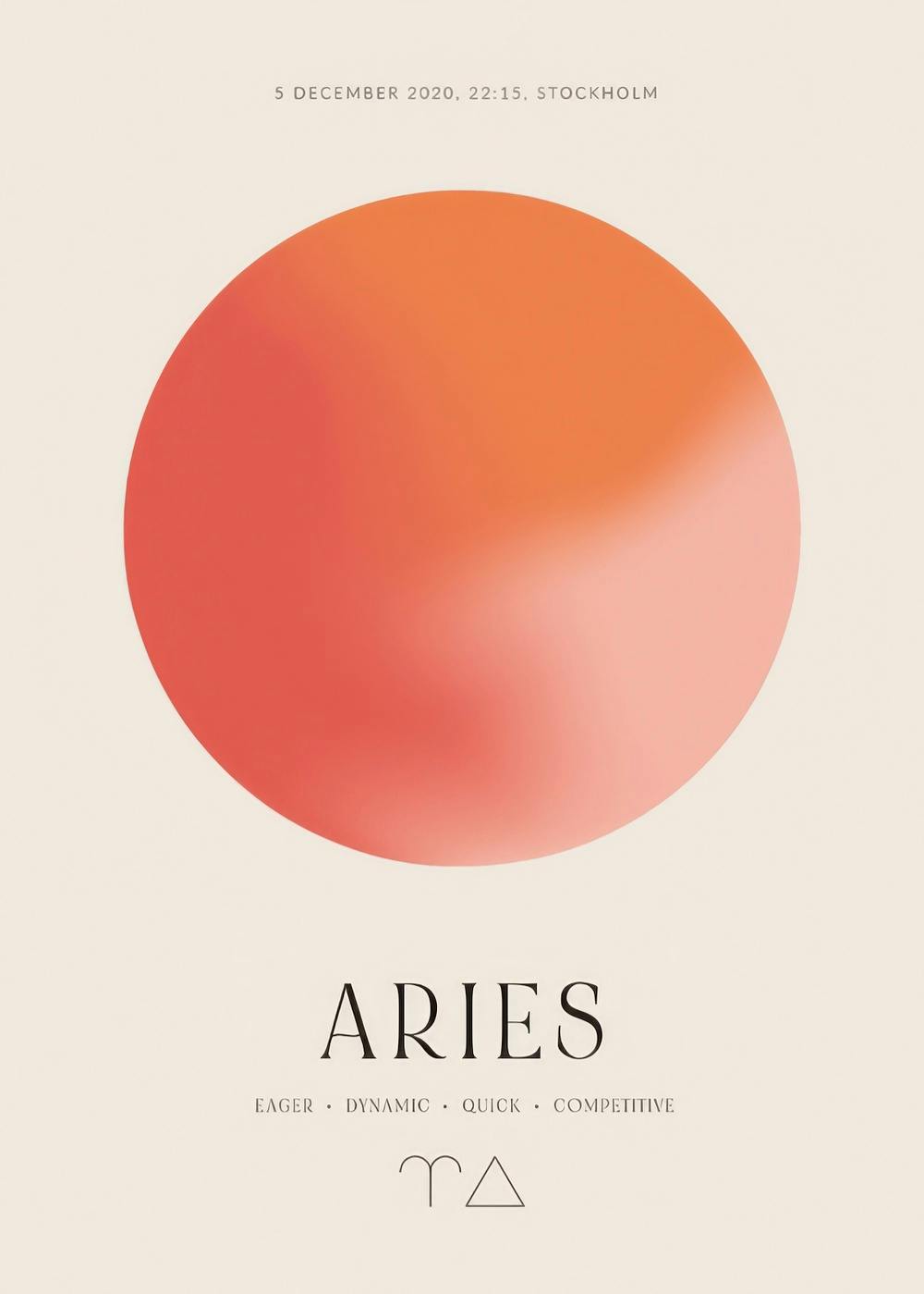 Póster personalizado con un círculo degradado de tonos coral sobre fondo claro, texto ARIES y símbolos.