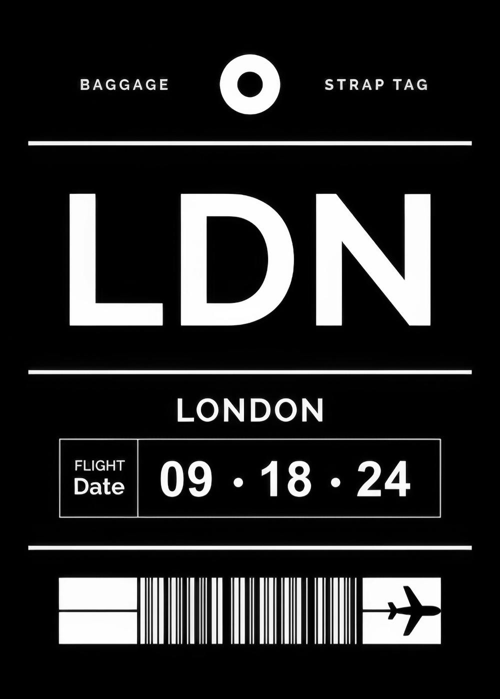 Egy fekete-fehér personalised poster, ami egy londoni poggyászcímkét ábrázol dátummal és vonalkóddal.