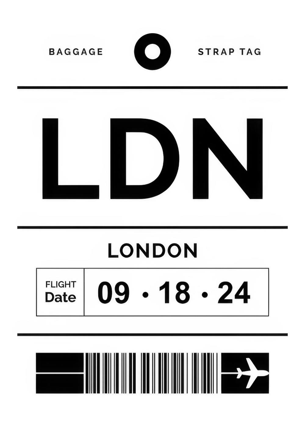 Ein personalisiertes Poster mit einem schwarzen Gepäckanhänger für London, mit Flugdatum, Barcode und Flugzeugsymbol auf weißem