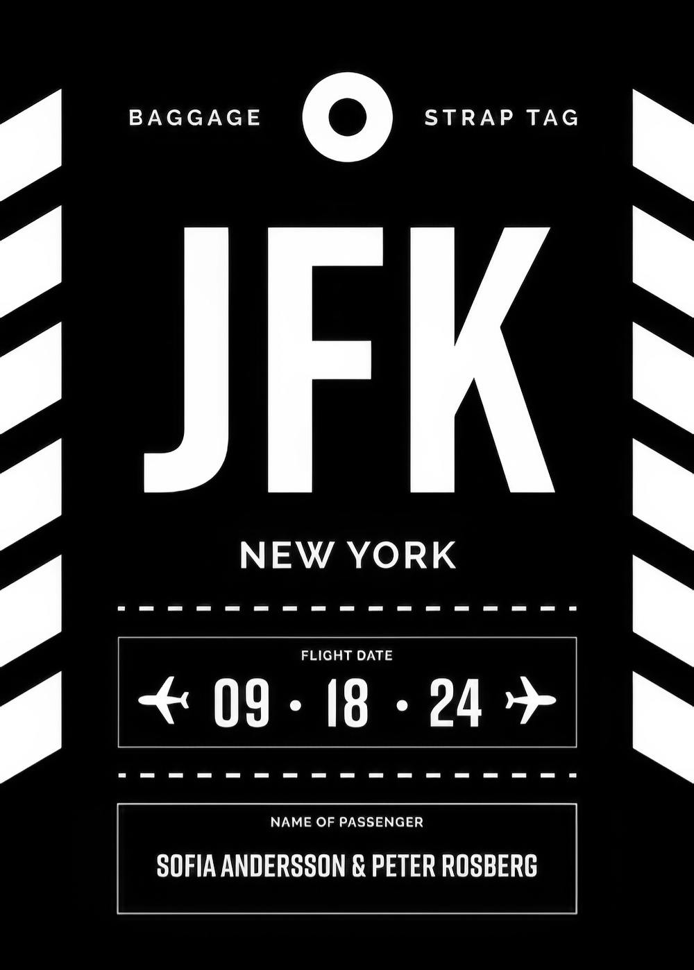 En personlig poster som liknar en svartvit bagagetagg med JFK, New York, flygdatum och passagerarnamn.