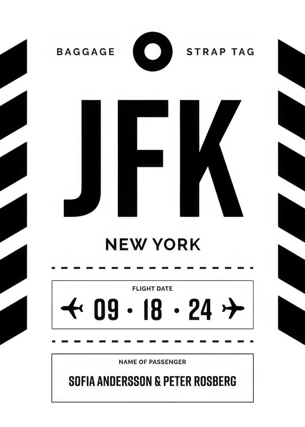 En personlig poster i svartvitt med design som en flygbagagetagg för JFK New York, med datum och namn.