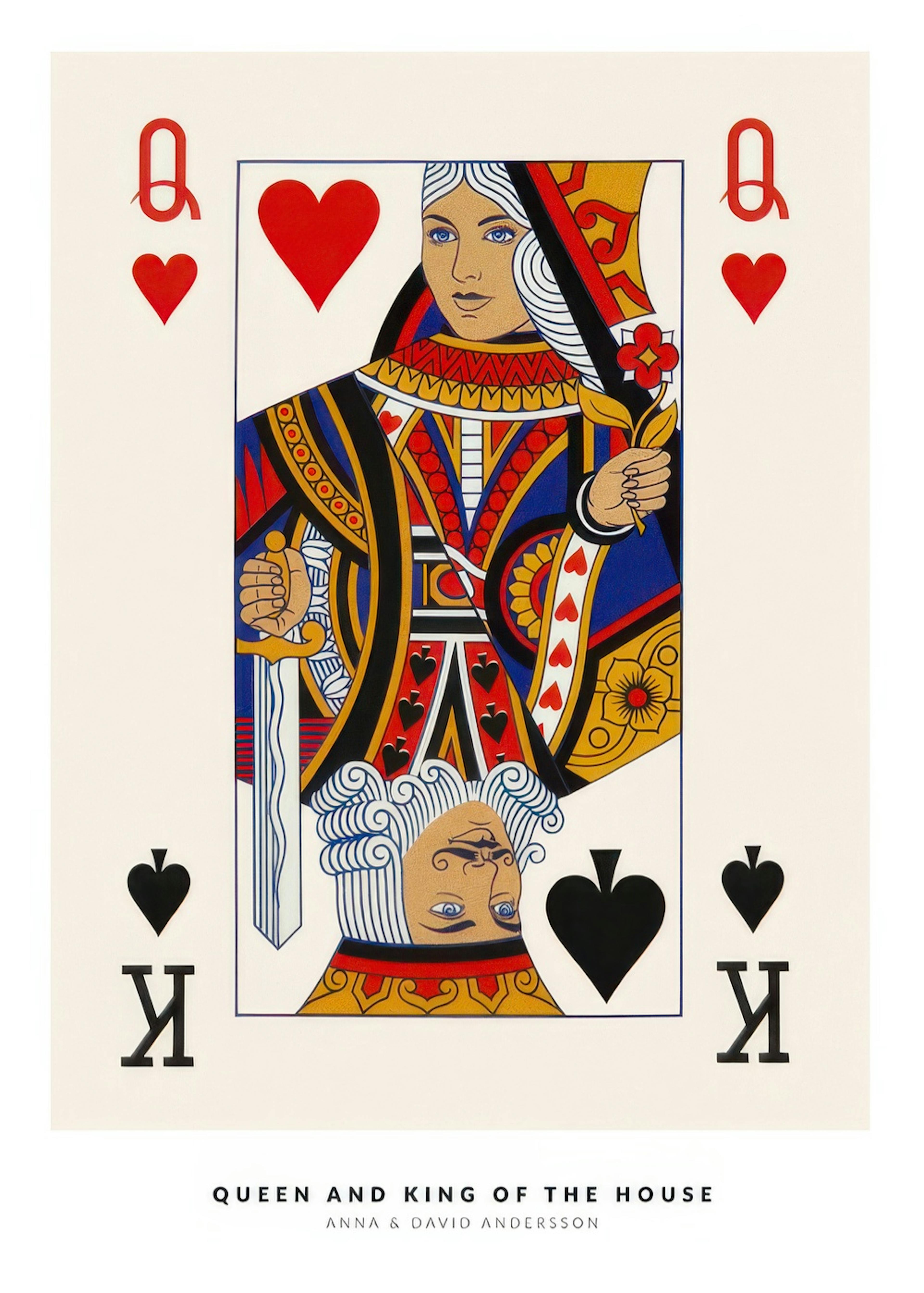 En personlig poster med en illustration av spelkortet hjärter dam och spader kung, med texten Queen and King of the House.