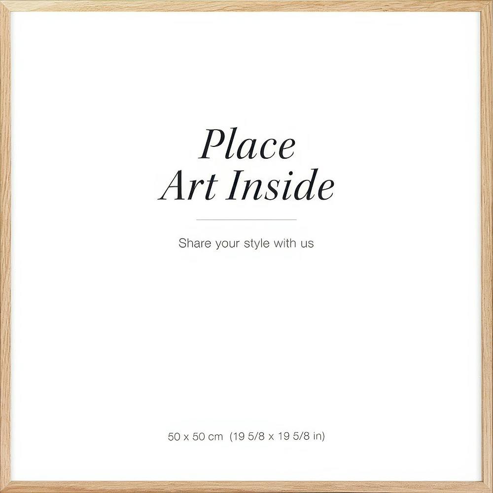 木目調のフレームに入った白いポスター。「Place Art Inside」と「Share your style with us」の文字が中央に配置されています。