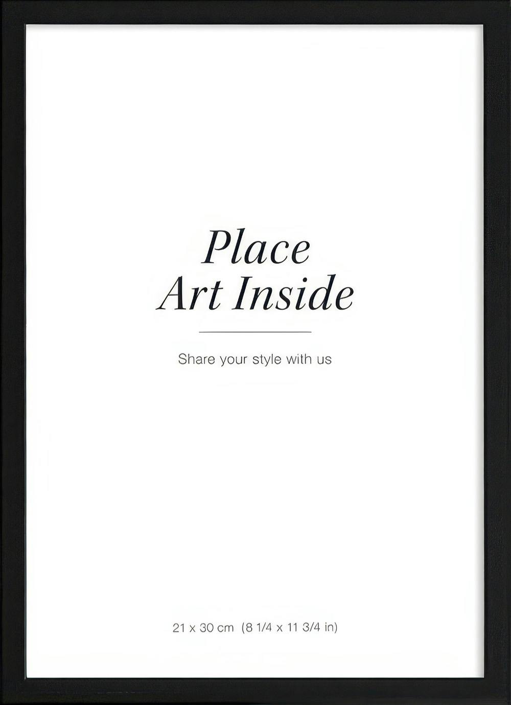 A poster with the text Place Art Inside and Share your style with us on a white background, in a black frame.