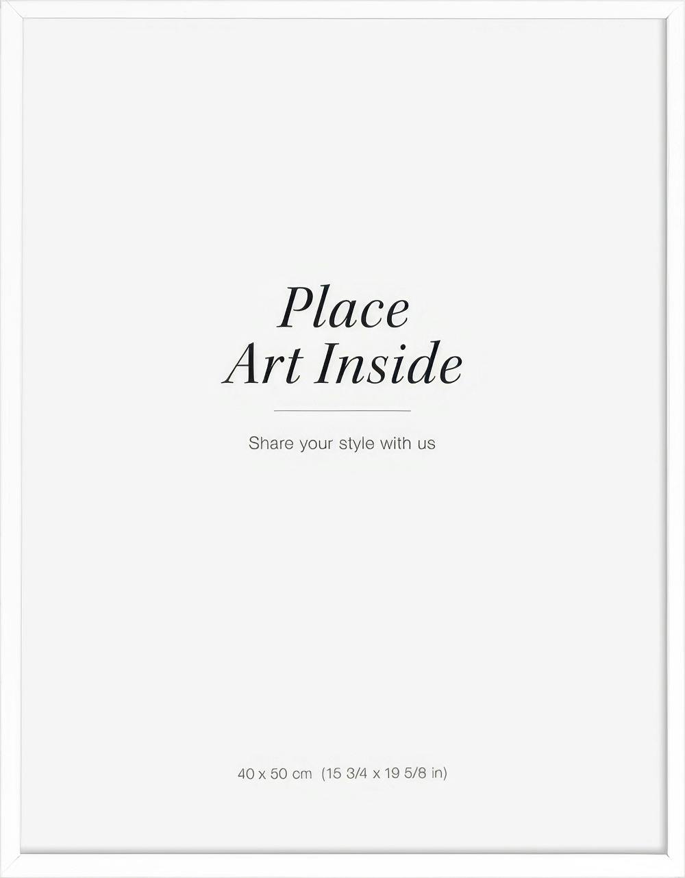 Póster blanco con el texto Place Art Inside y Share your style with us en negro, ideal para diseño interior.