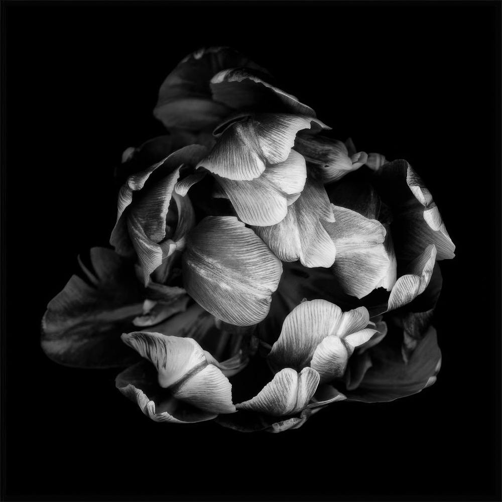 Poster mit einer Schwarz-Weiss-Fotografie von einer Tulpenblüte, deren zarte, strukturierte Blütenblätter aus dem dunklen Hinter