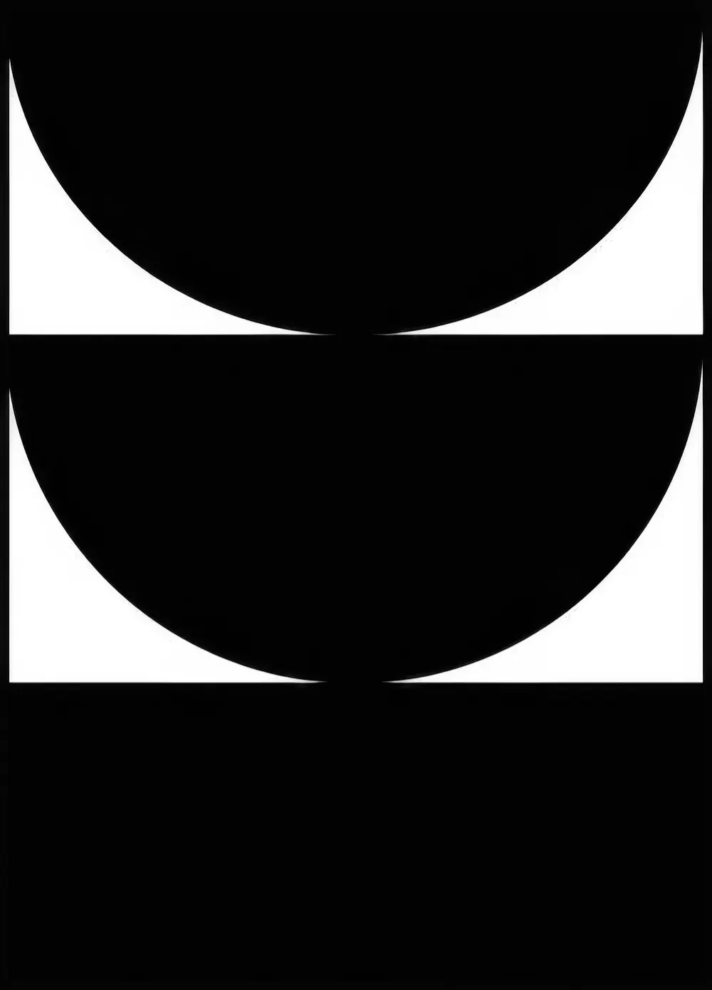 Mustavalkoinen abstrakti juliste, jossa on neljä kaarevaa valkoista muotoa mustalla taustalla.