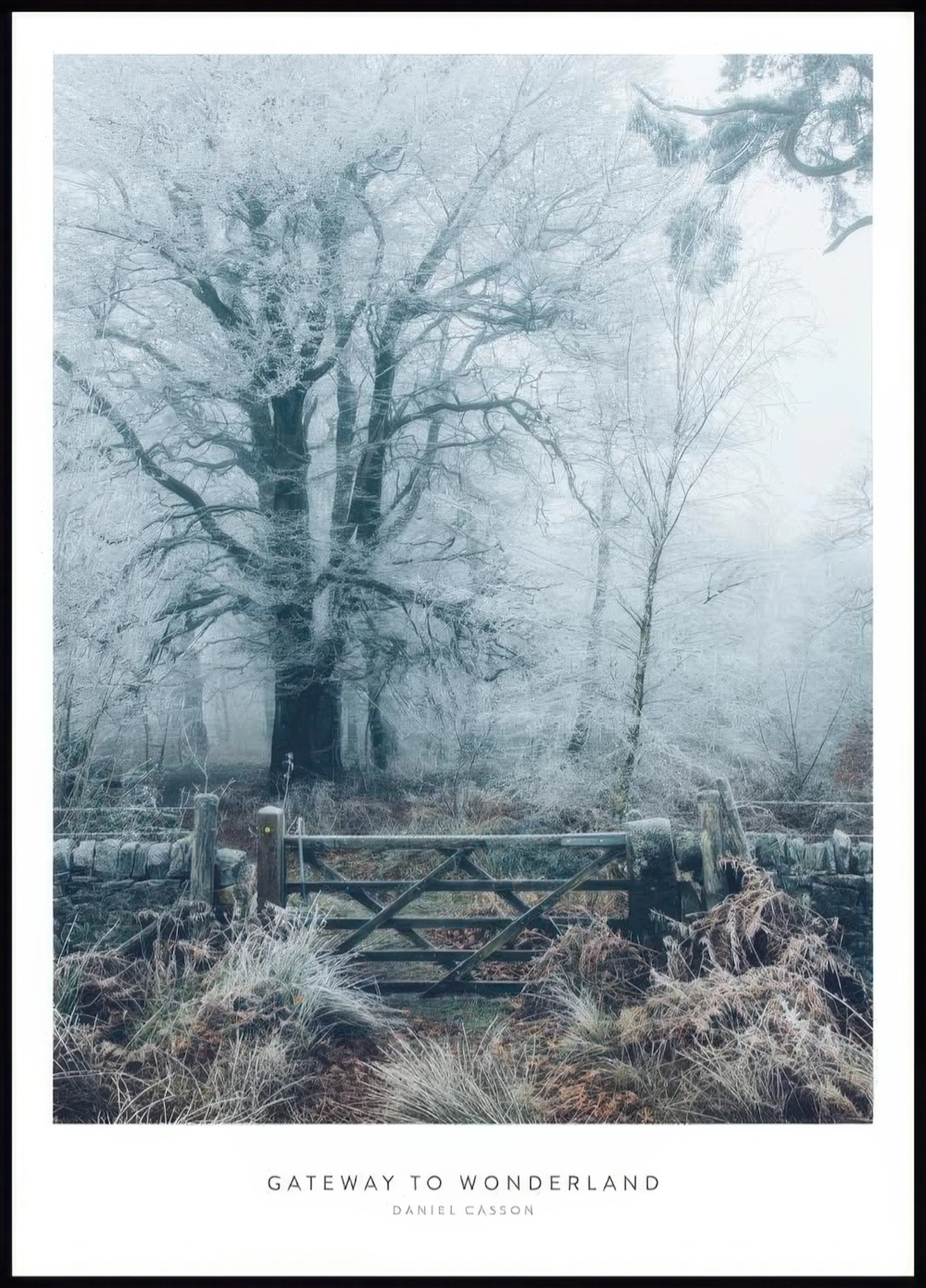 A poster of a frosted winter forest landscape with a wooden gate and stone wall in the foreground, leading into a misty wonderla