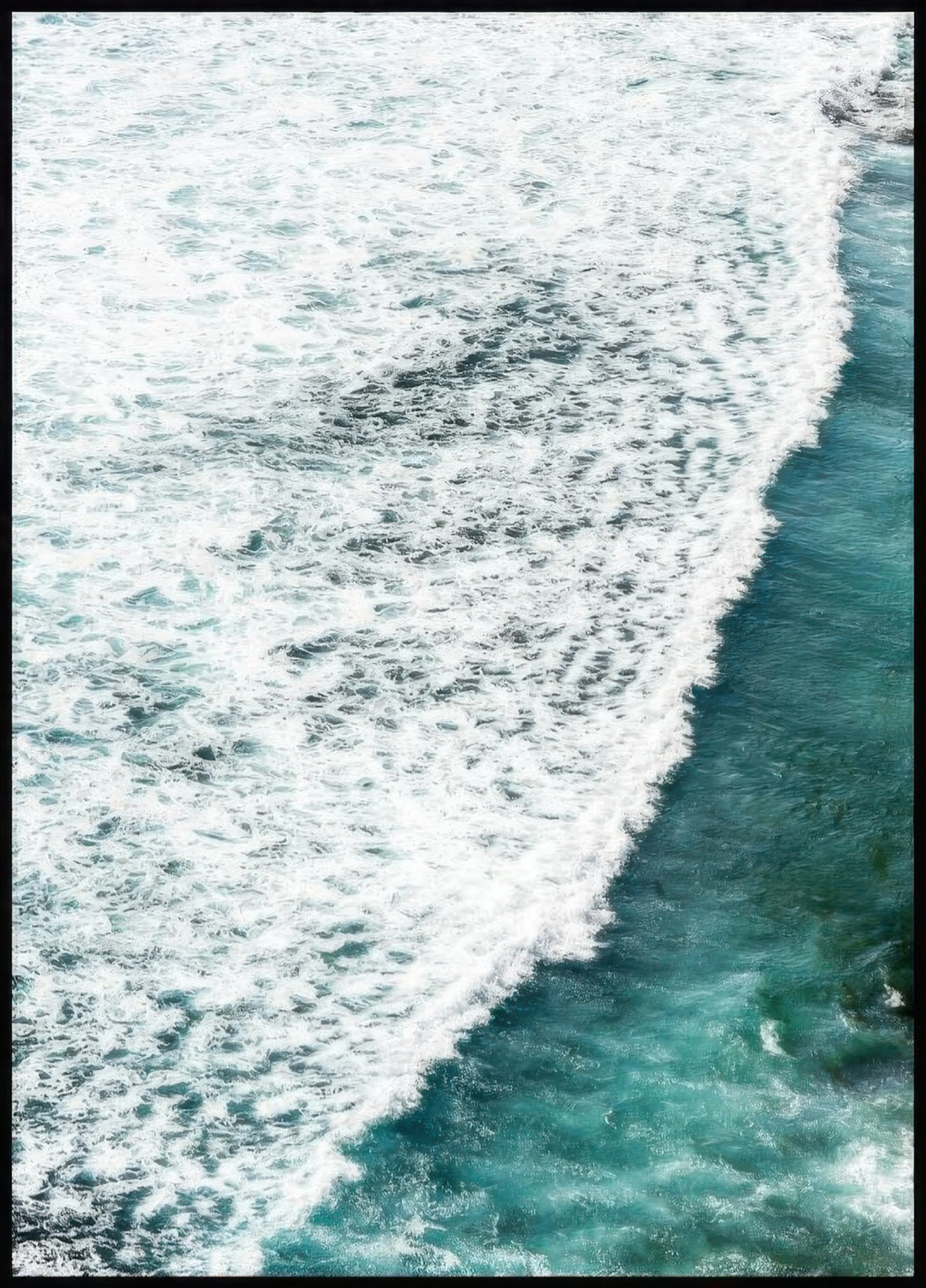 A poster featuring an aerial view of a powerful ocean wave breaking, with foamy white water contrasting against deep blue-green 