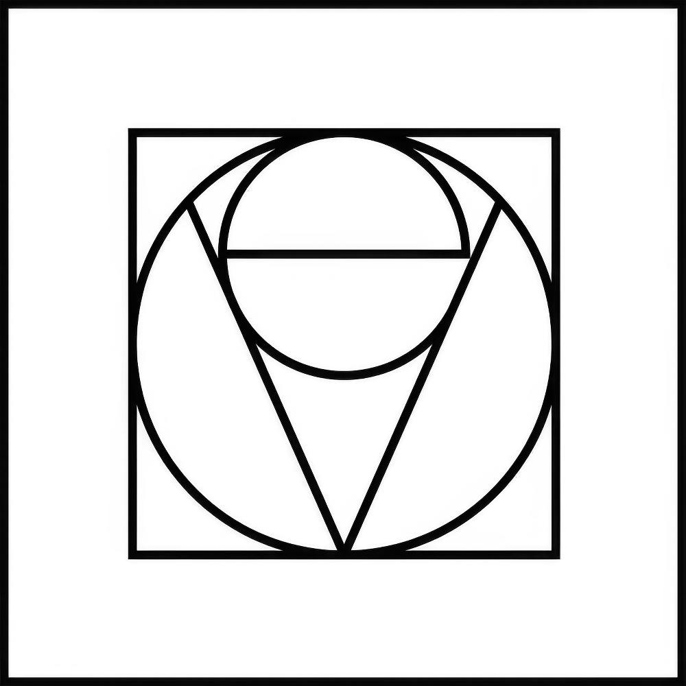 白地に黒い線で描かれた、正方形の中に円と三角形が組み合わさった幾何学模様のポスター。