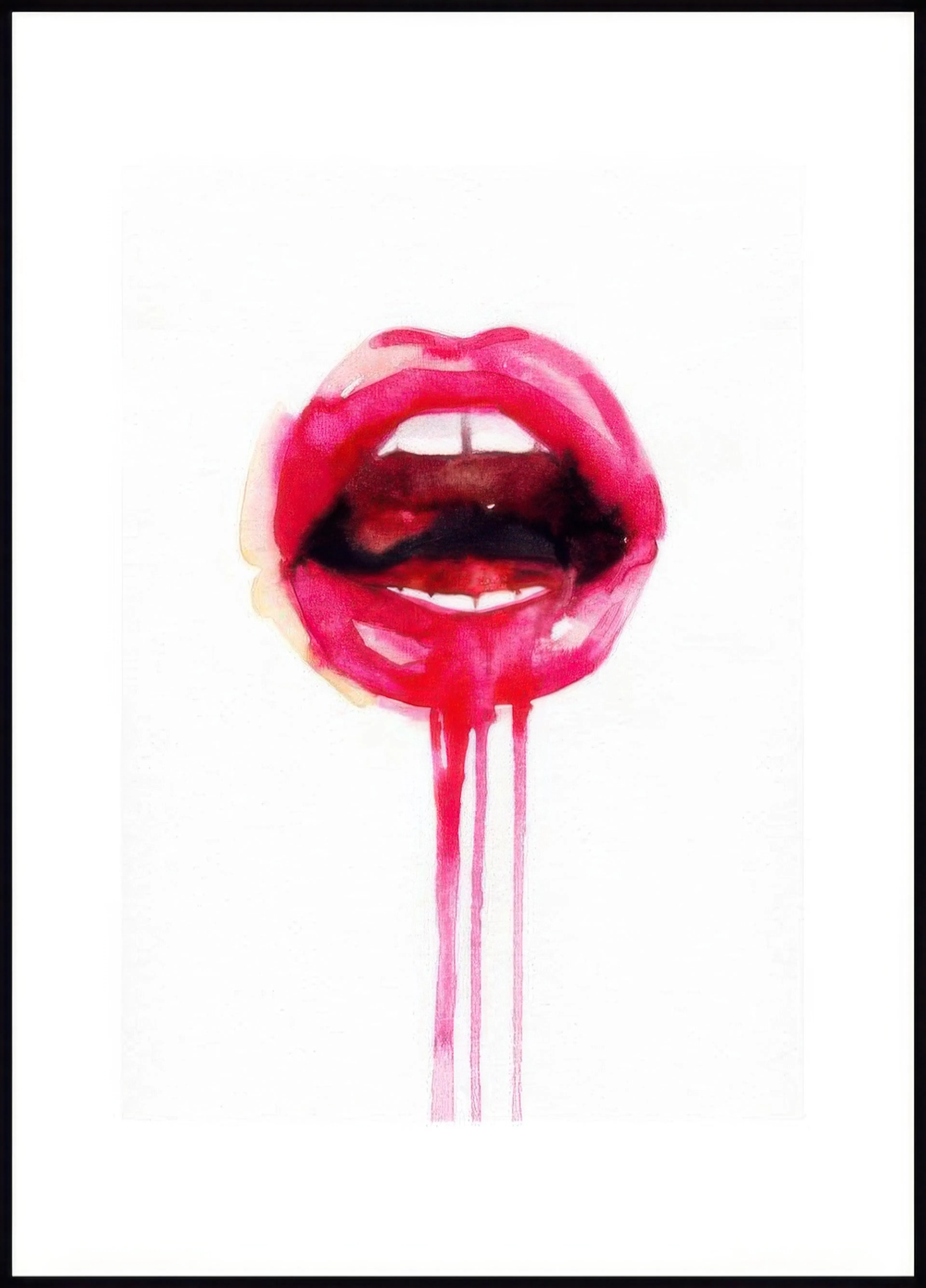 A poster featuring a vibrant pink and red watercolour depiction of open lips with dripping paint below.