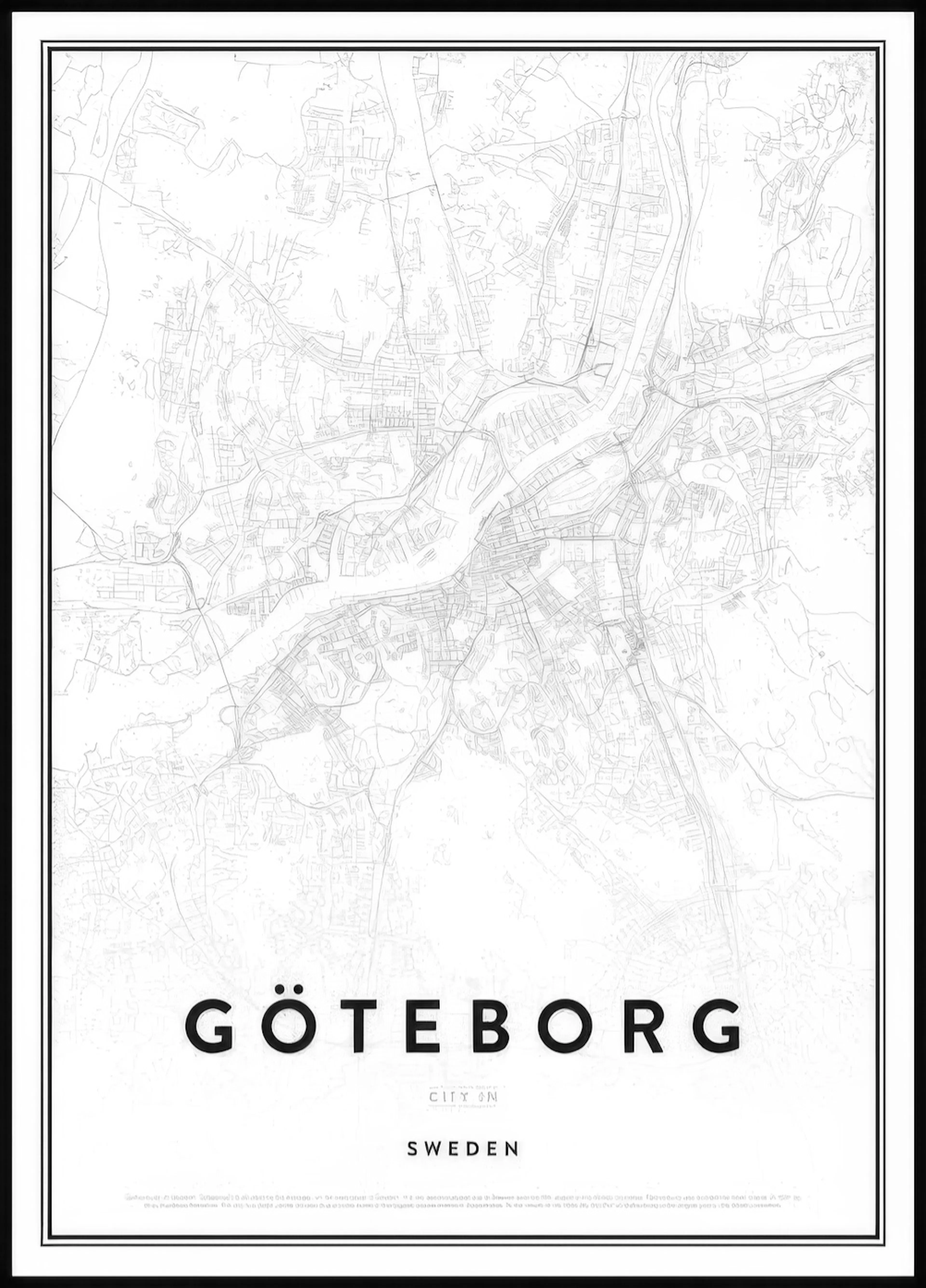 Göteborgin kaupunkikartta juliste, jossa on yksityiskohtaisia harmaita katuja valkoisella pohjalla ja musta kehys.