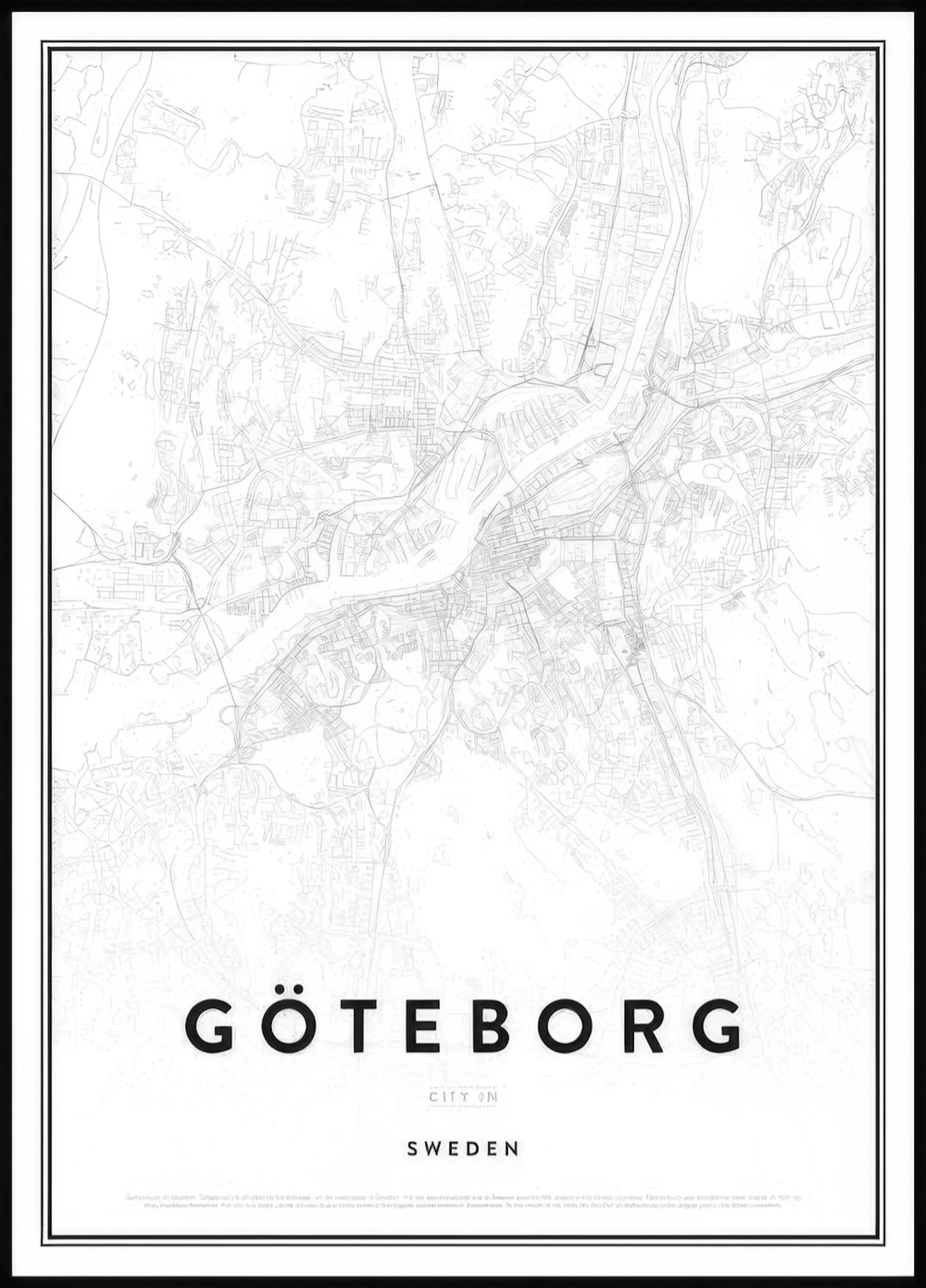 Göteborgin kaupunkikartta juliste, jossa on yksityiskohtaisia harmaita katuja valkoisella pohjalla ja musta kehys.