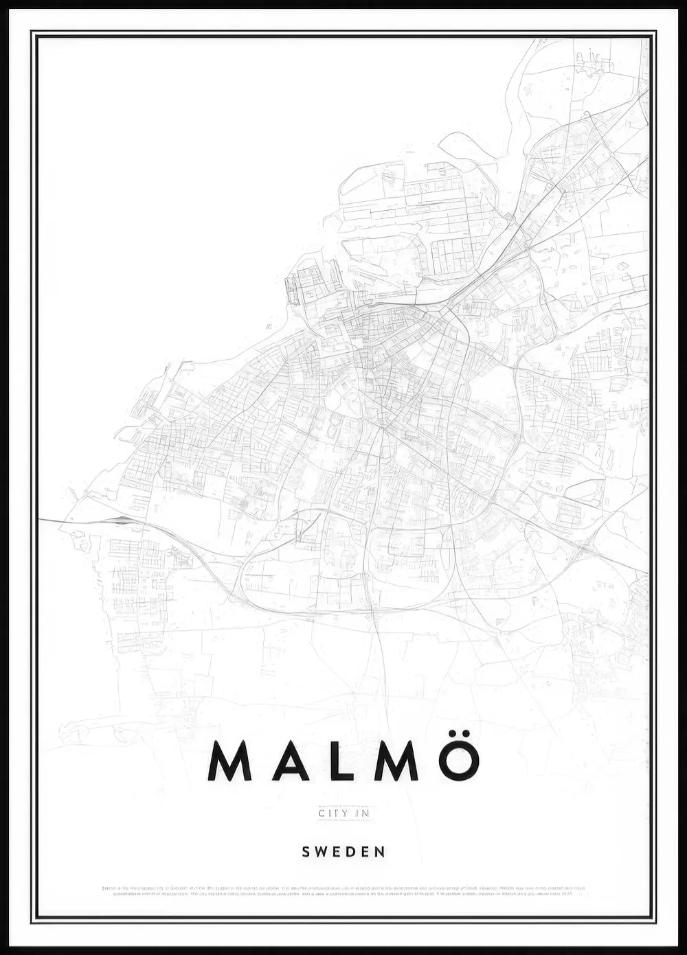 Malmön kaupunkikartta juliste, jossa on yksityiskohtaisia vaaleanharmaita teitä ja vesistöjä valkoisella pohjalla.