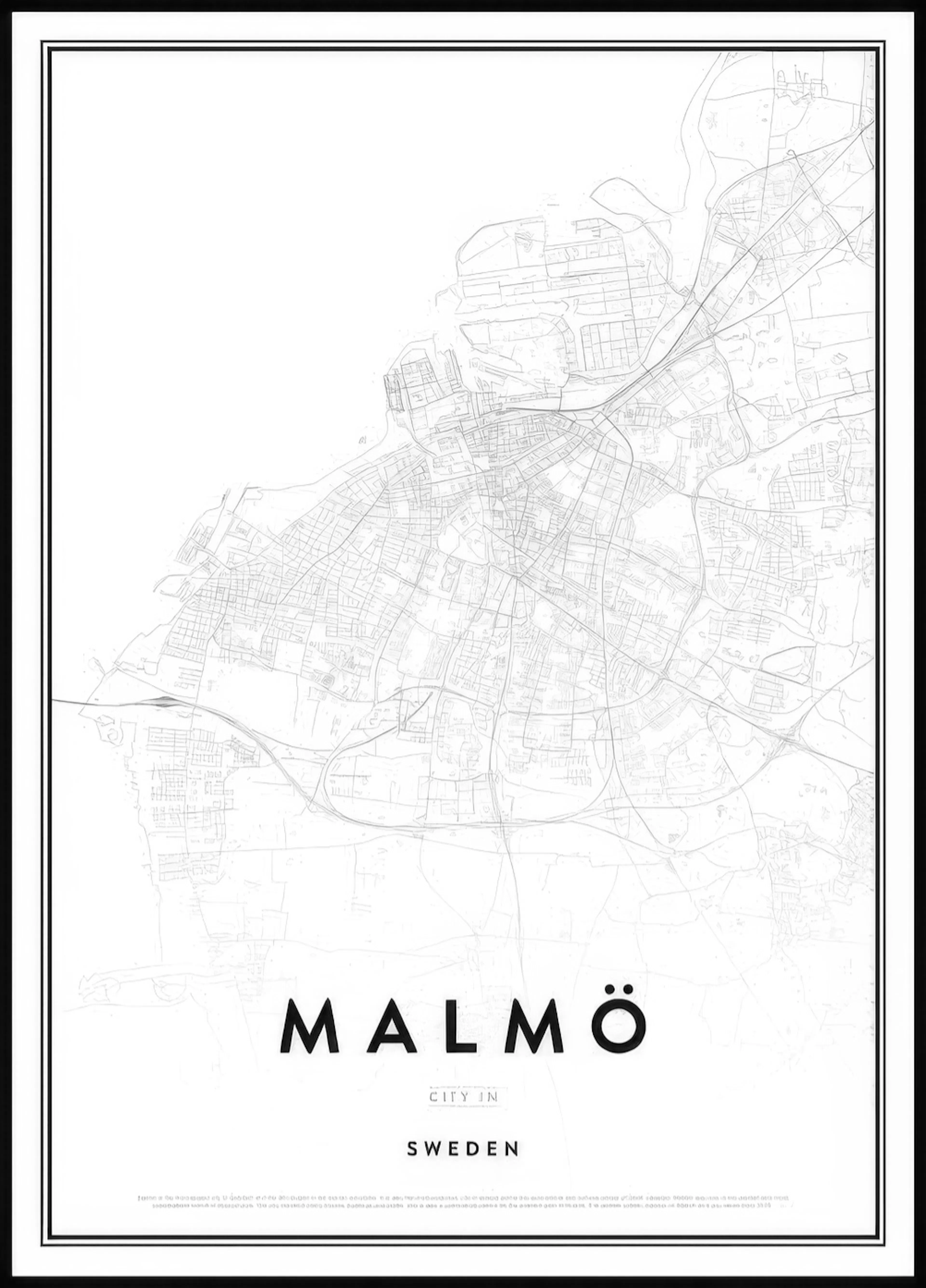 Malmön kaupunkikartta juliste, jossa on yksityiskohtaisia vaaleanharmaita teitä ja vesistöjä valkoisella pohjalla.