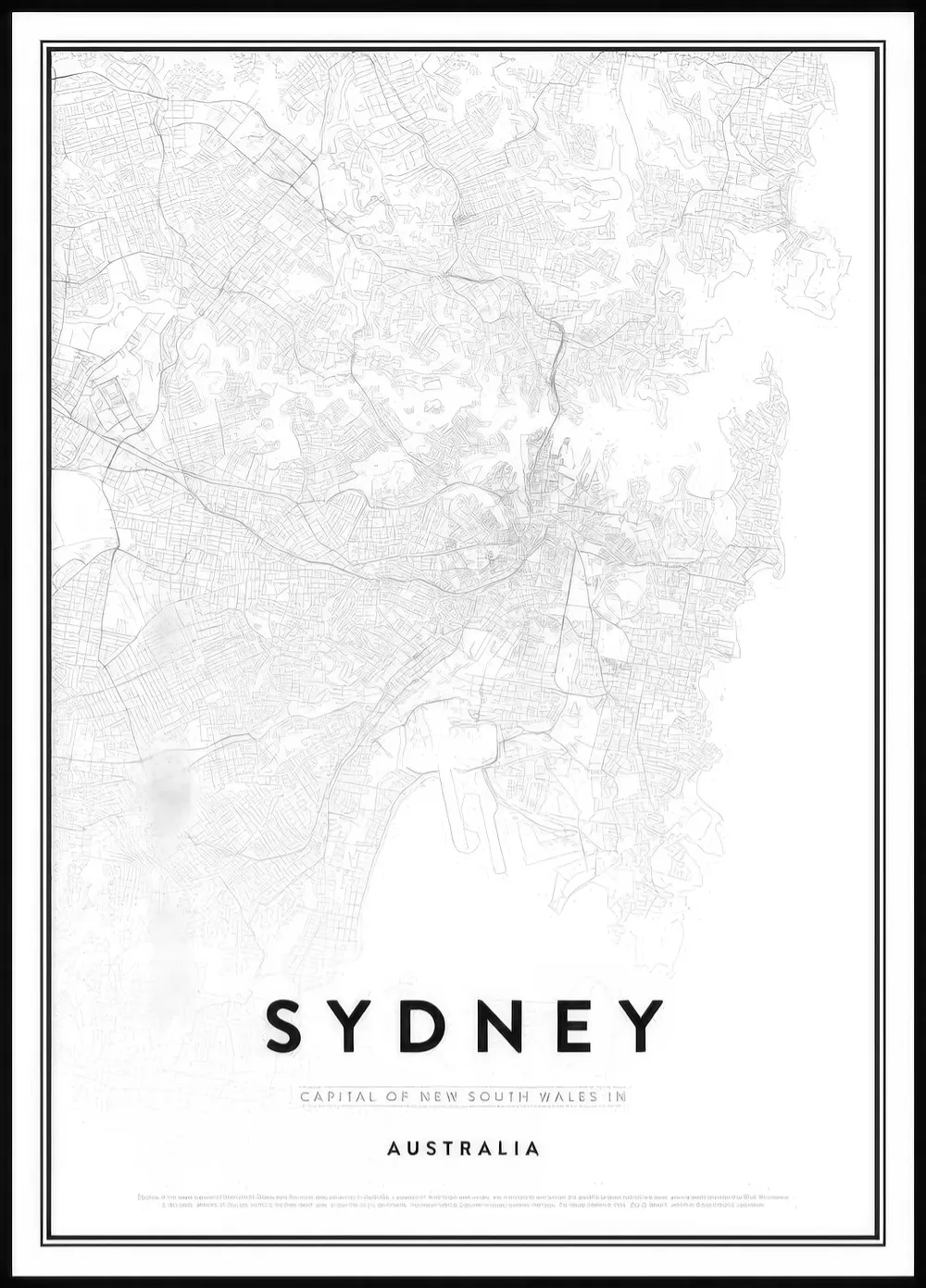 Mustavalkoinen Sydneyn karttajuliste, jossa kaupungin nimi ja Australia teksti.