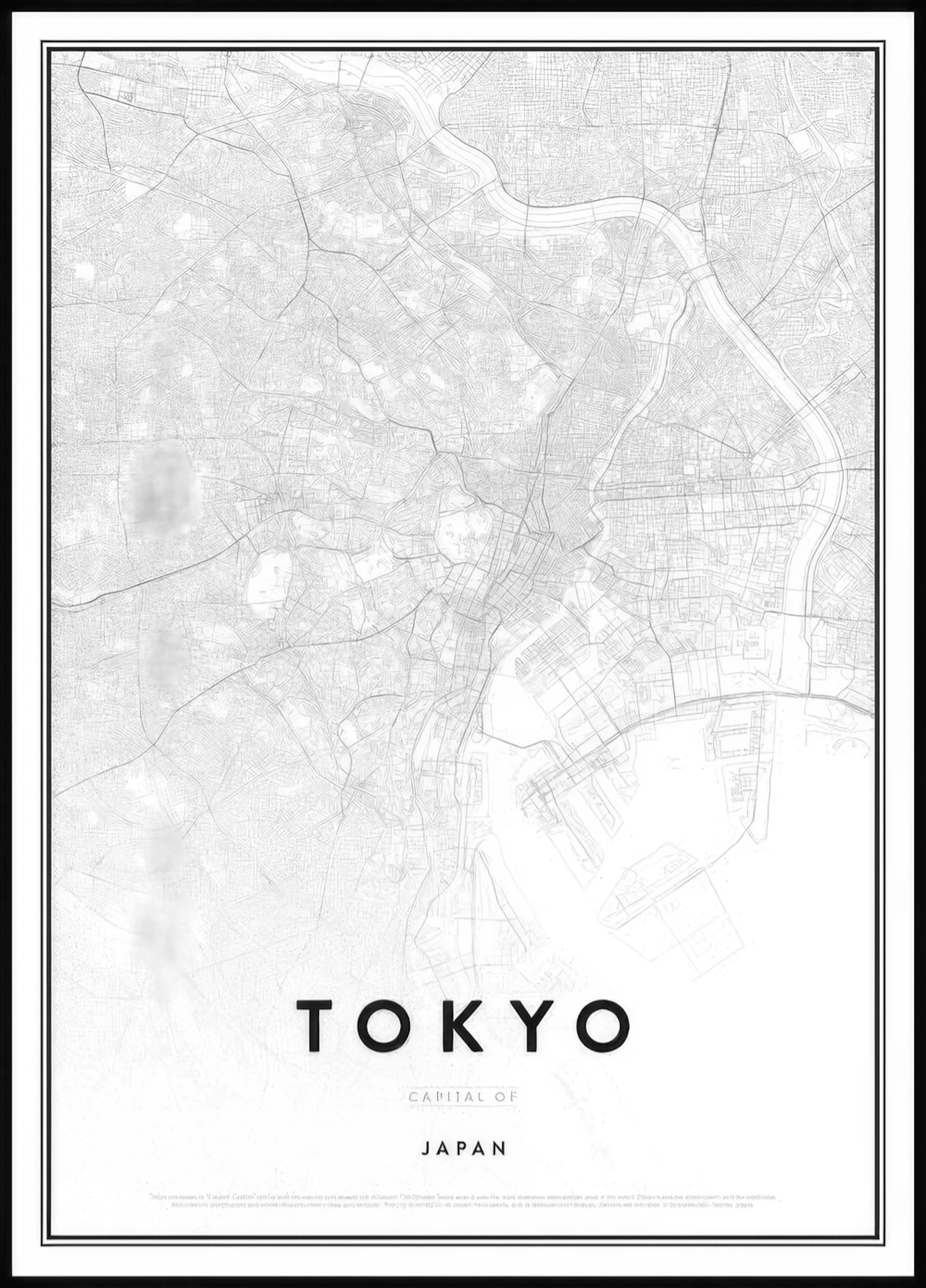 A poster featuring a detailed minimalist map of Tokyo, Japan, in light grey lines on a white background, with TOKYO in bold blac
