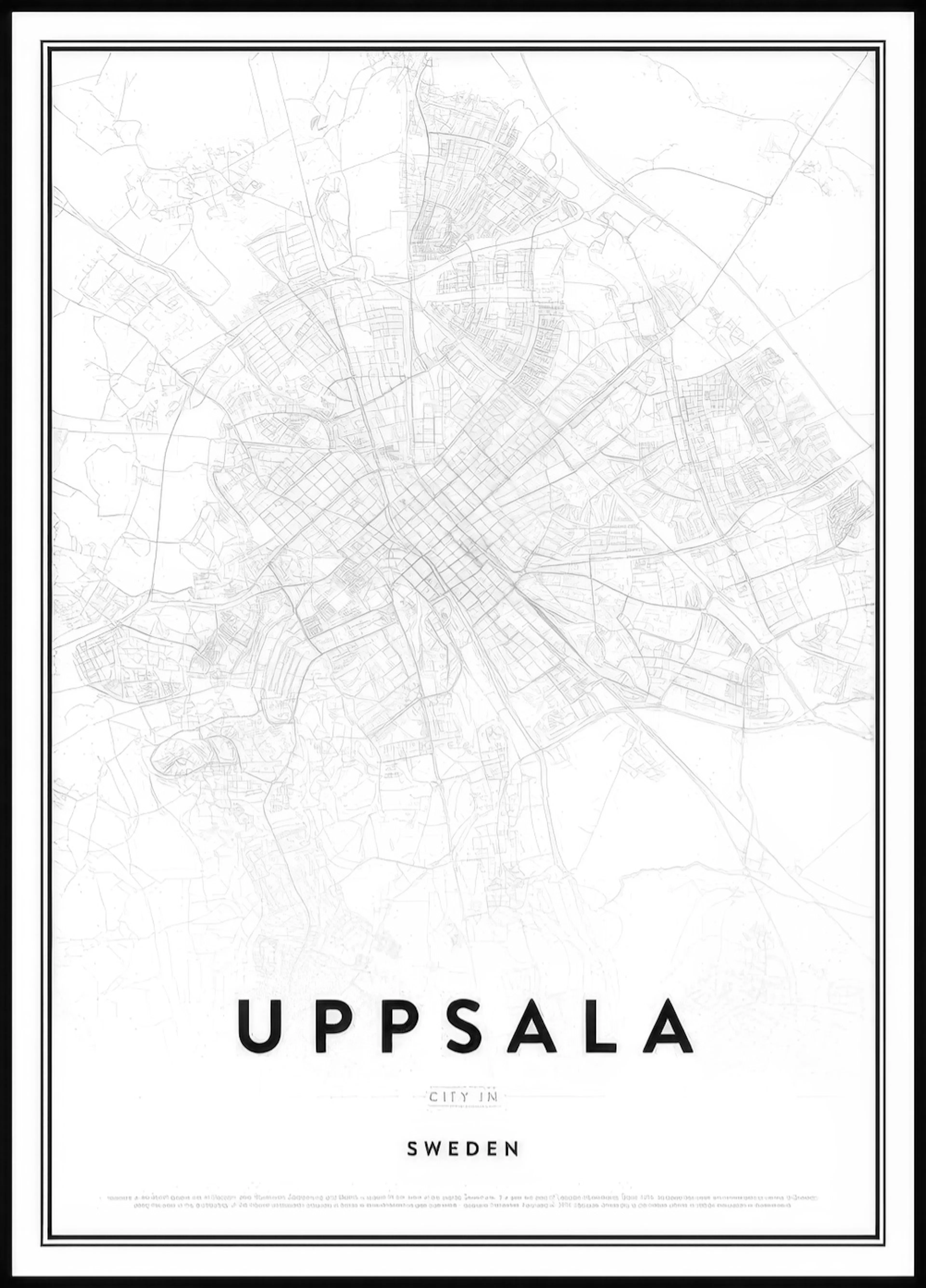 A poster featuring a detailed minimalist map of Uppsala, Sweden, depicted in fine grey lines on a white background.