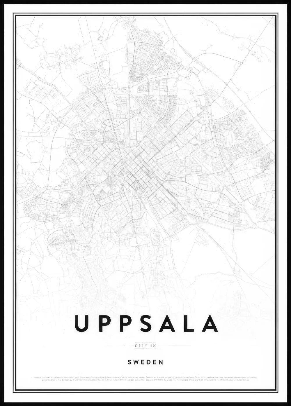 Poster avec une carte détaillée dUppsala, Suède, en noir et blanc, affichant les rues et la topographie de la ville.