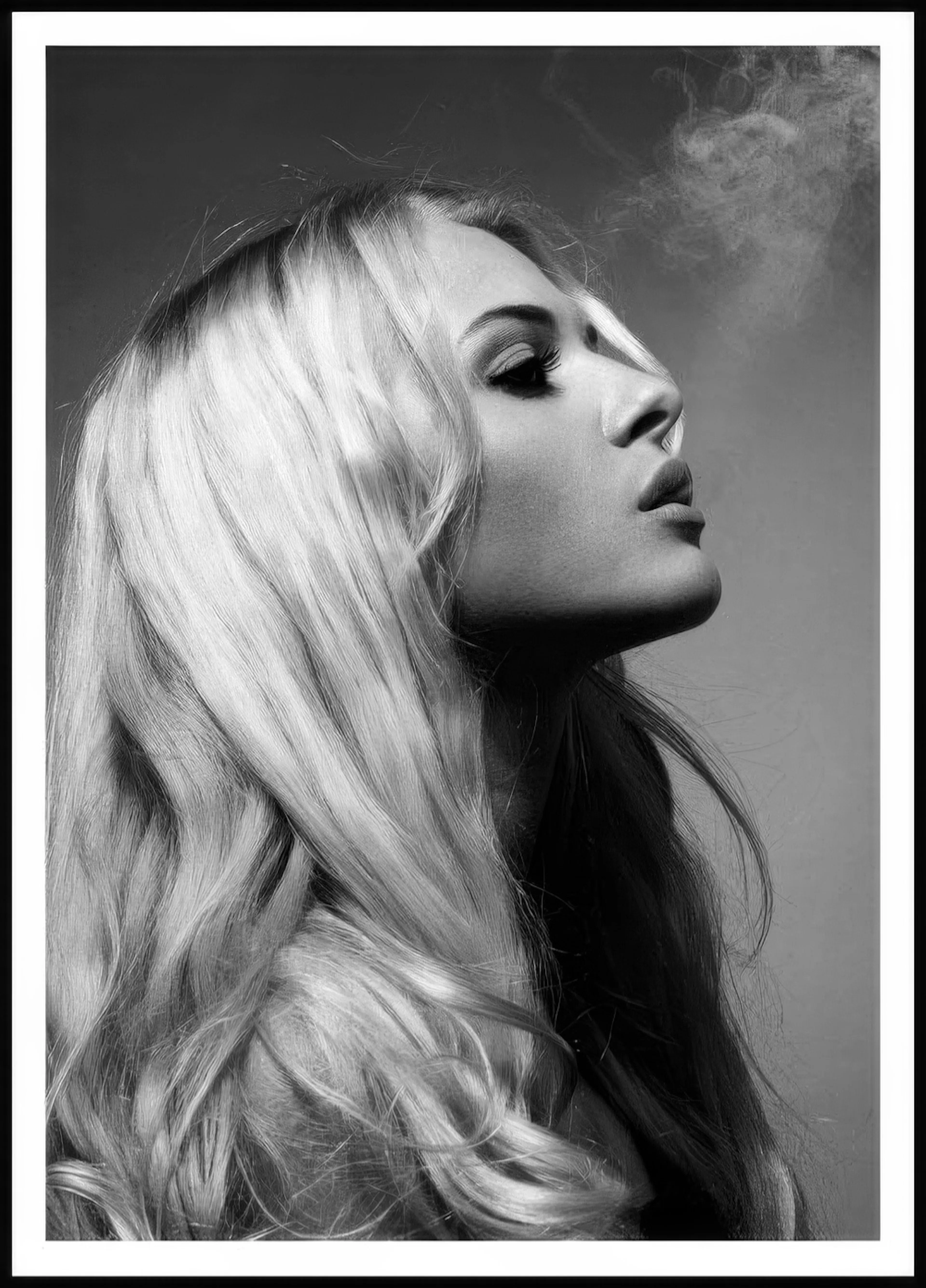 A striking black and white poster featuring a blonde woman in profile with smoke rising from her face.
