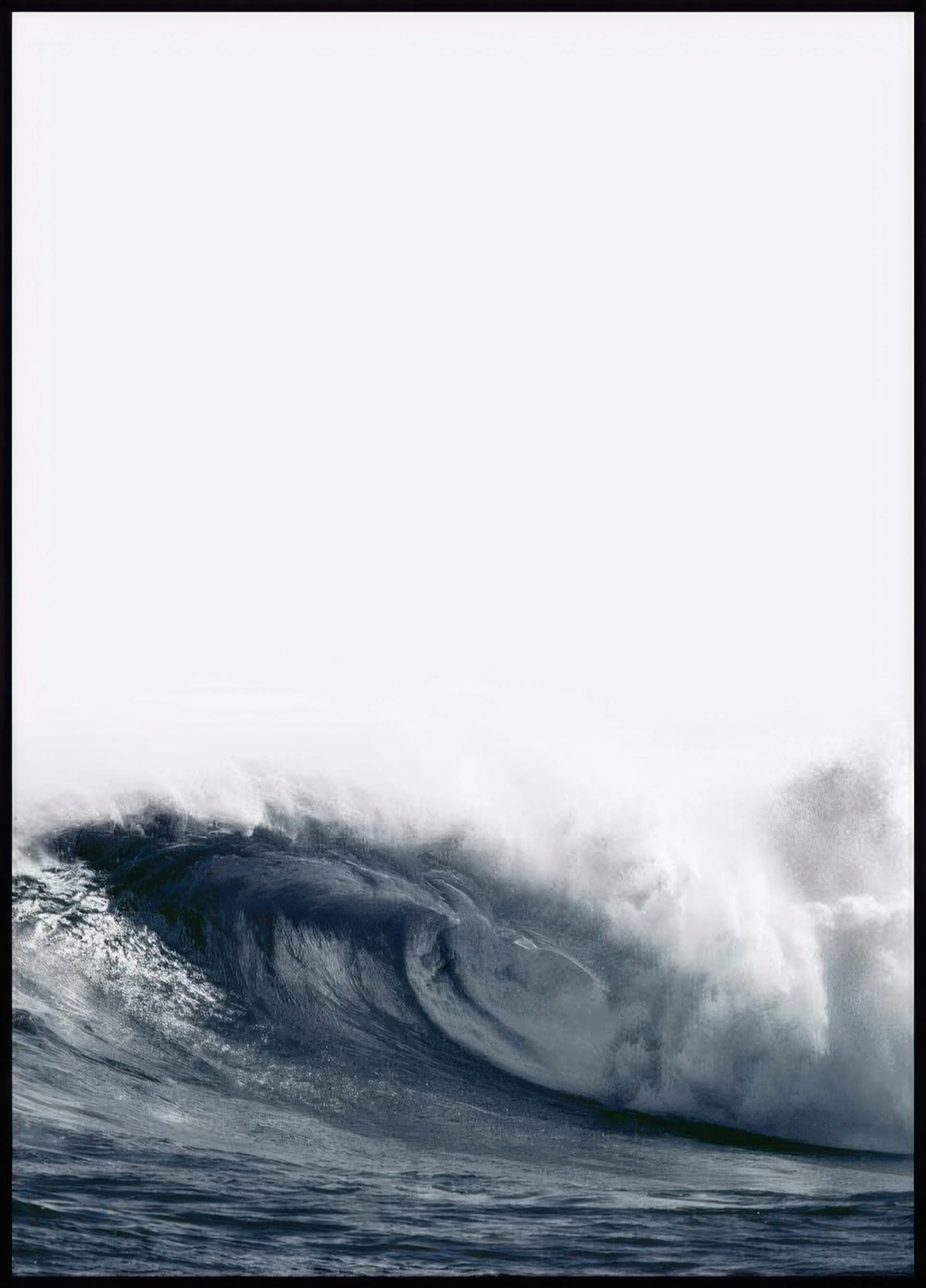A poster depicting a large, dark blue ocean wave with white crashing foam against a bright white sky.