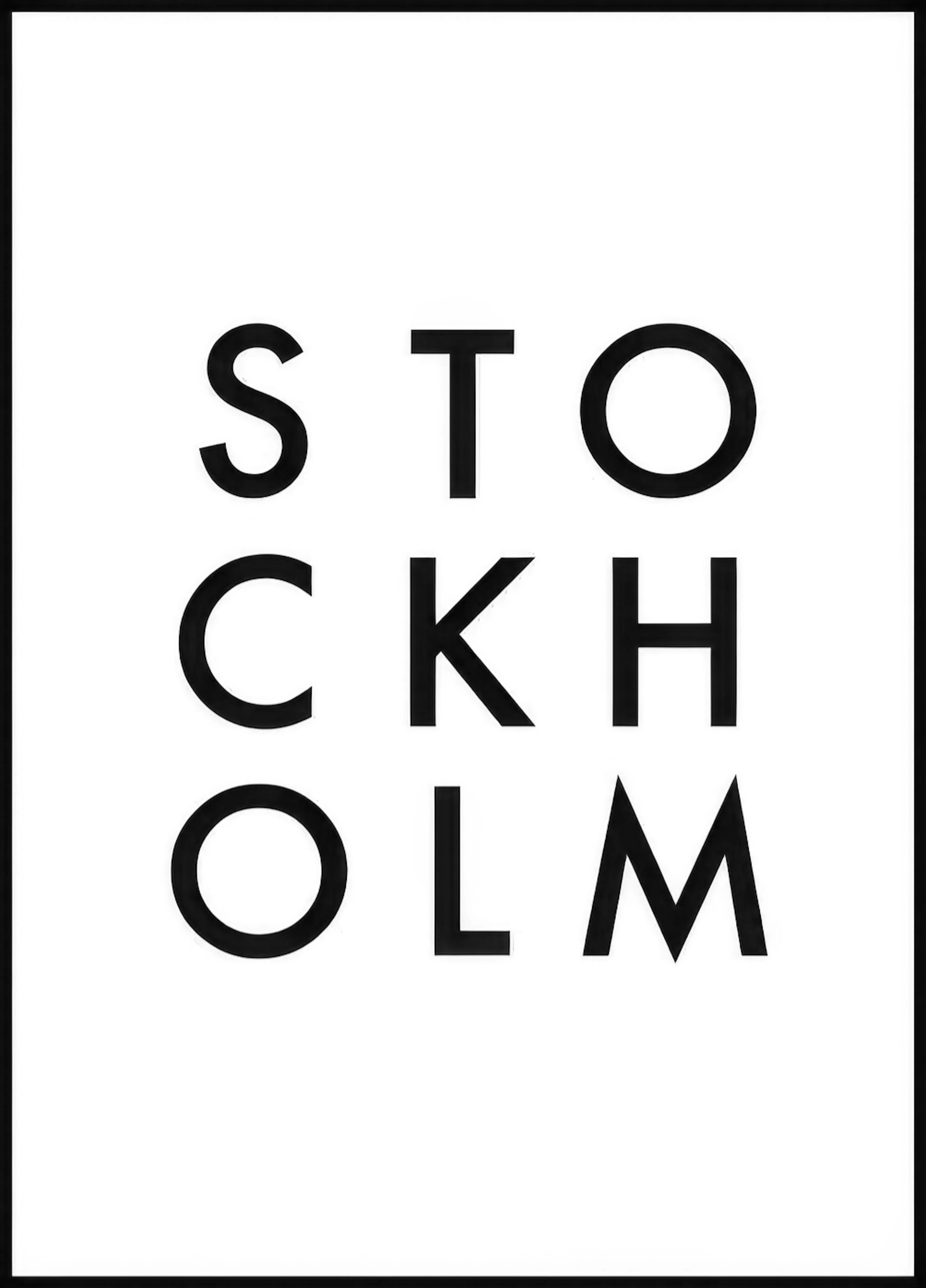 A poster with the word STOCKHOLM in bold black letters, arranged vertically on a white background.