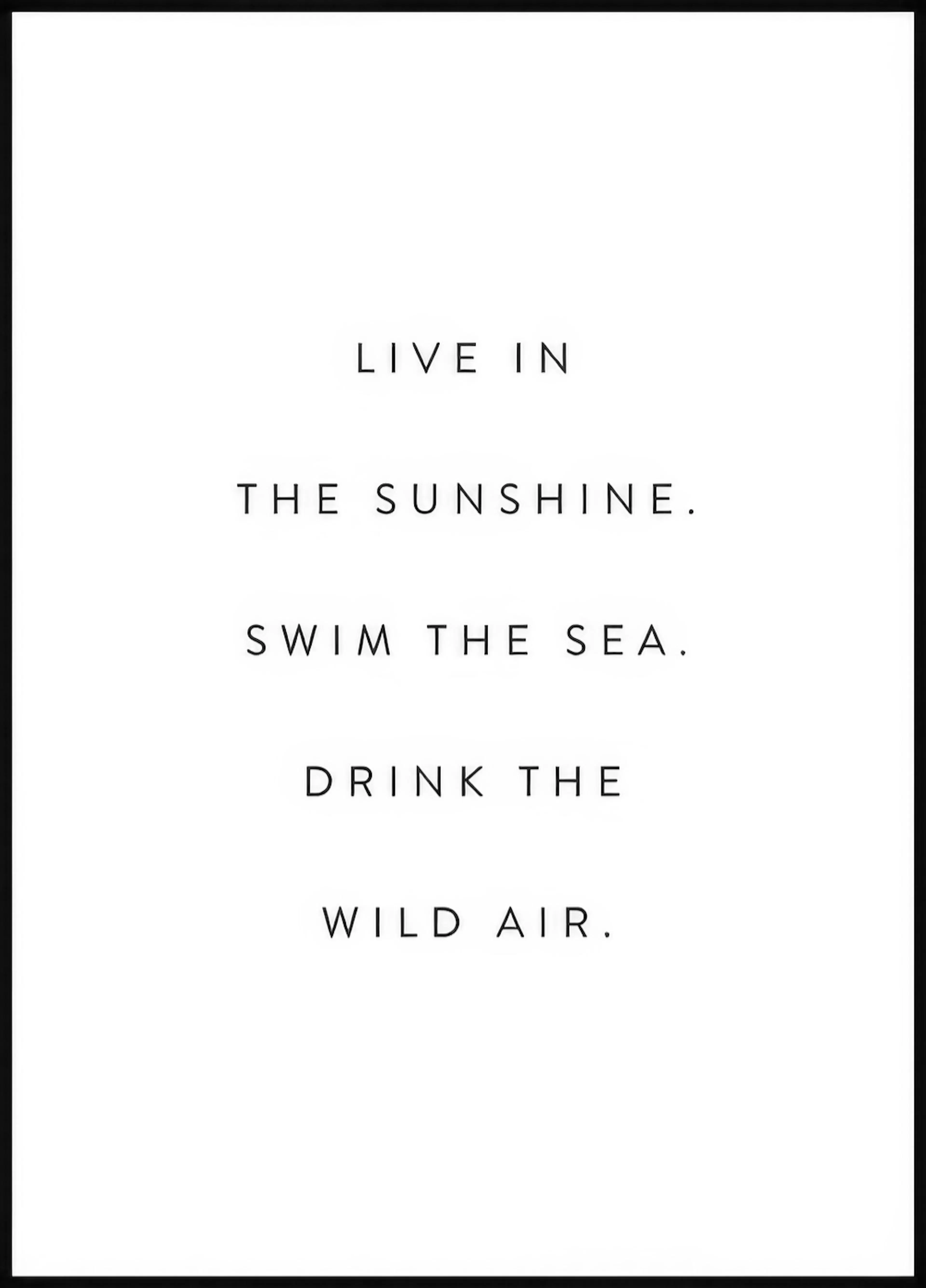 Poster con testo motivazionale nero su sfondo bianco: LIVE IN THE SUNSHINE. SWIM THE SEA. DRINK THE WILD AIR.