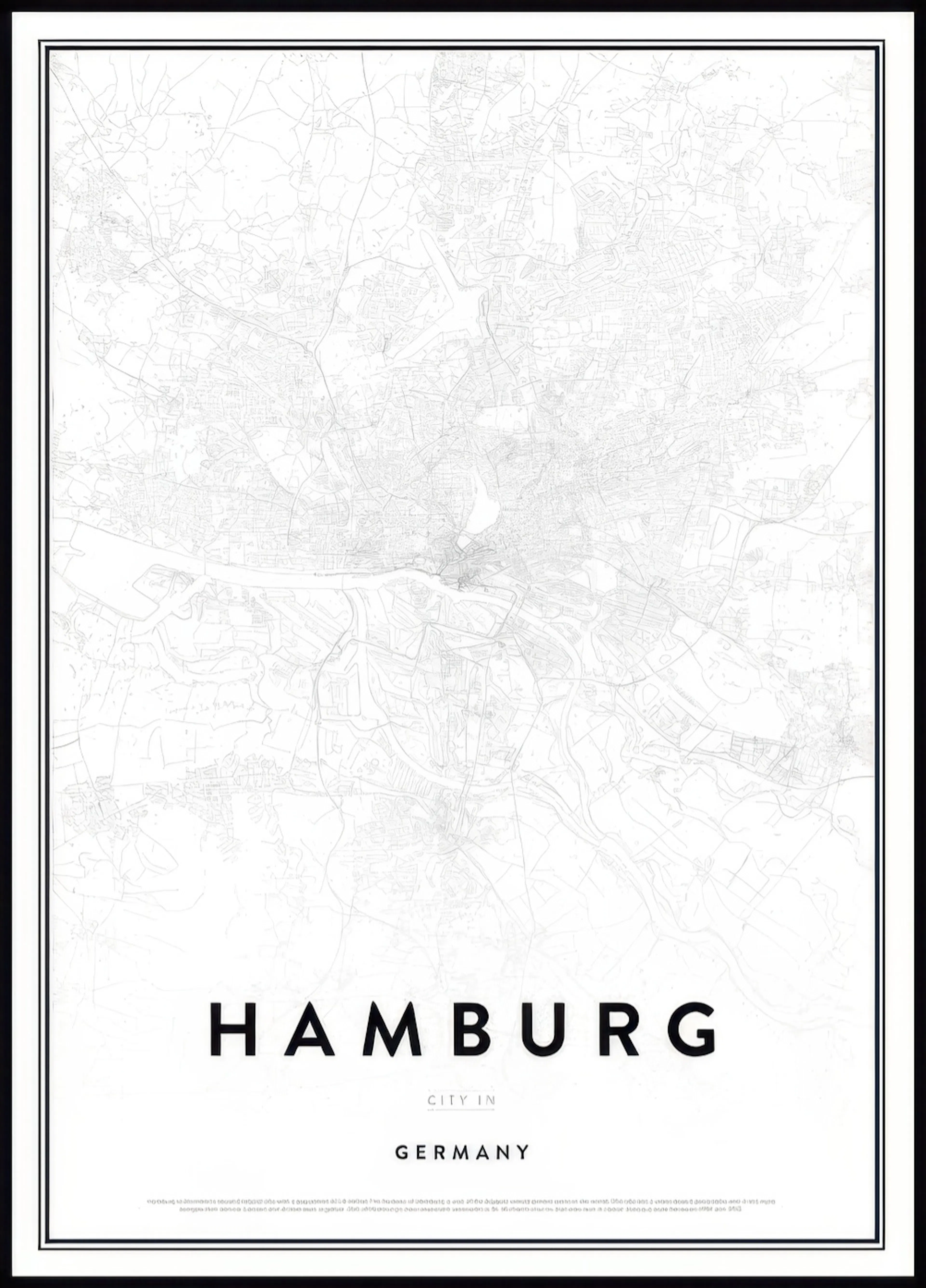 A poster featuring a detailed white map of Hamburg, Germany, with black text labels.