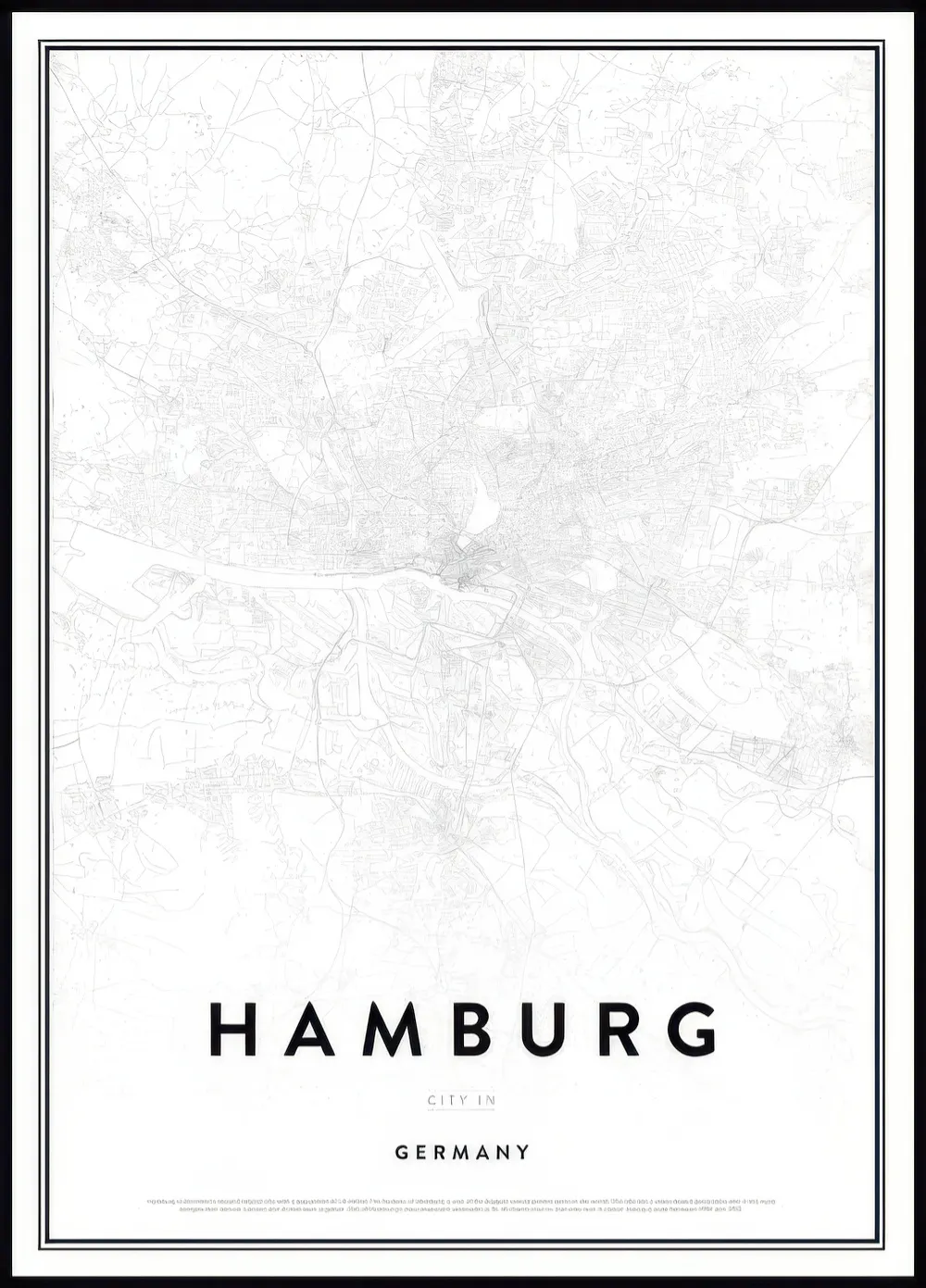 Plakát s detailní černobílou mapou města Hamburk v Německu, s názvem města dole.