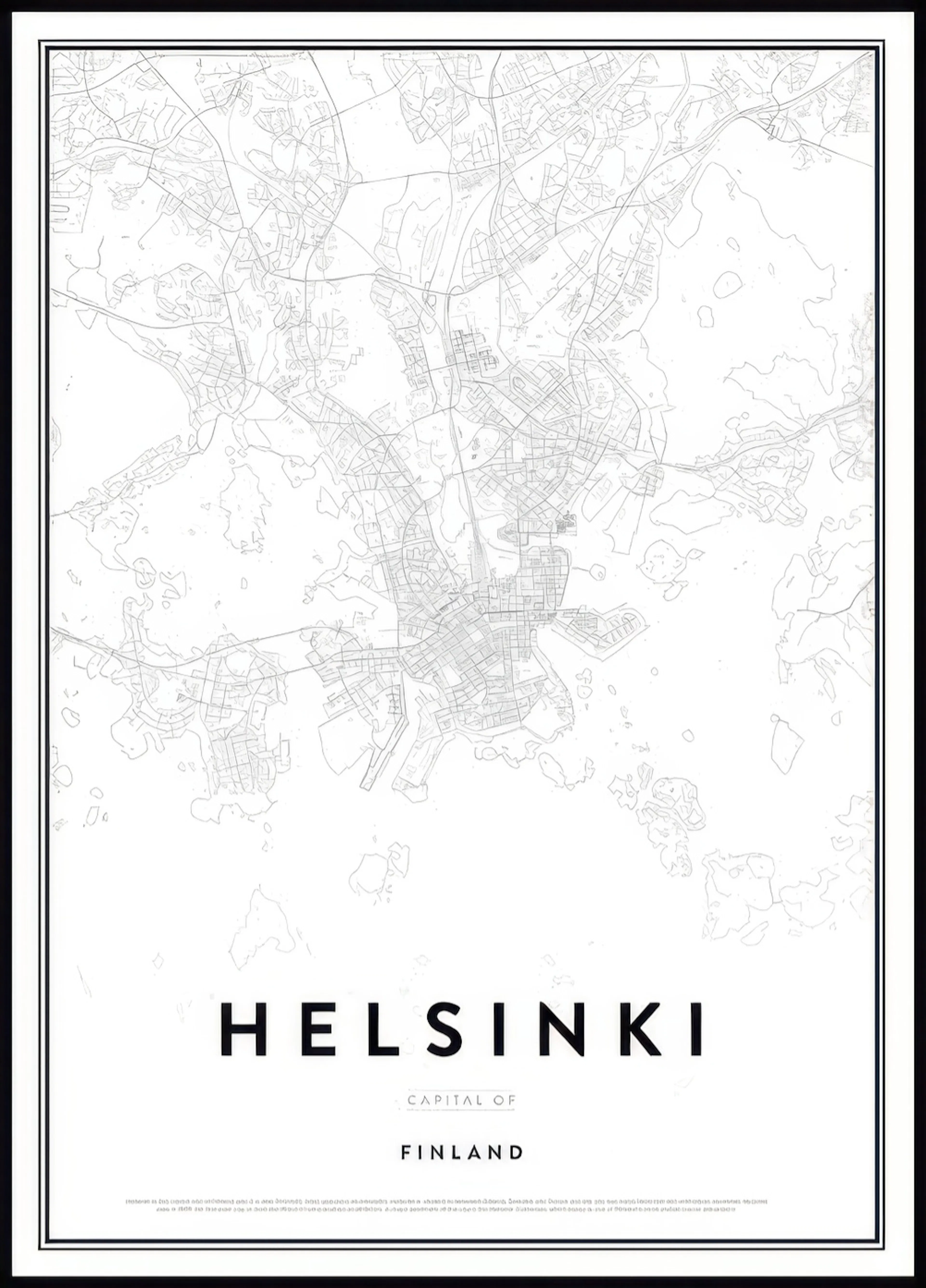 A poster featuring a detailed minimalist map of Helsinki, Finland, in black and white lines on a white background.