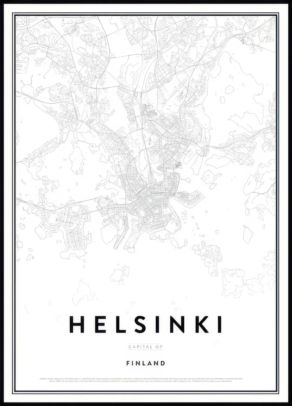 Plakát s detailní mapou Helsinek, s vyznačenými ulicemi, budovami a vodními plochami na bílém podkladu.