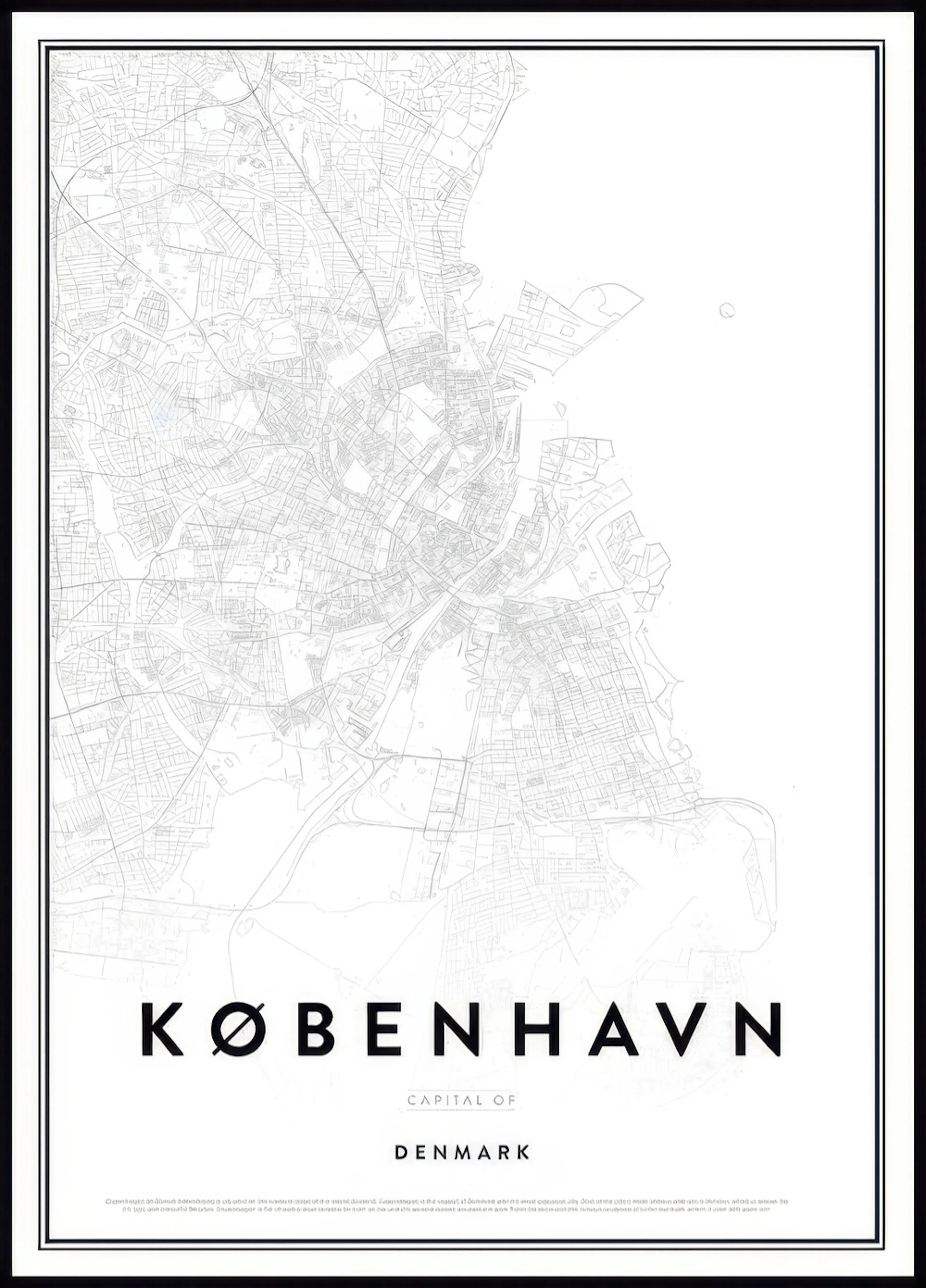 Plakát s minimalistickou mapou Kodaně v bílé a světle šedé barvě, doplněný černým rámem a názvem města.