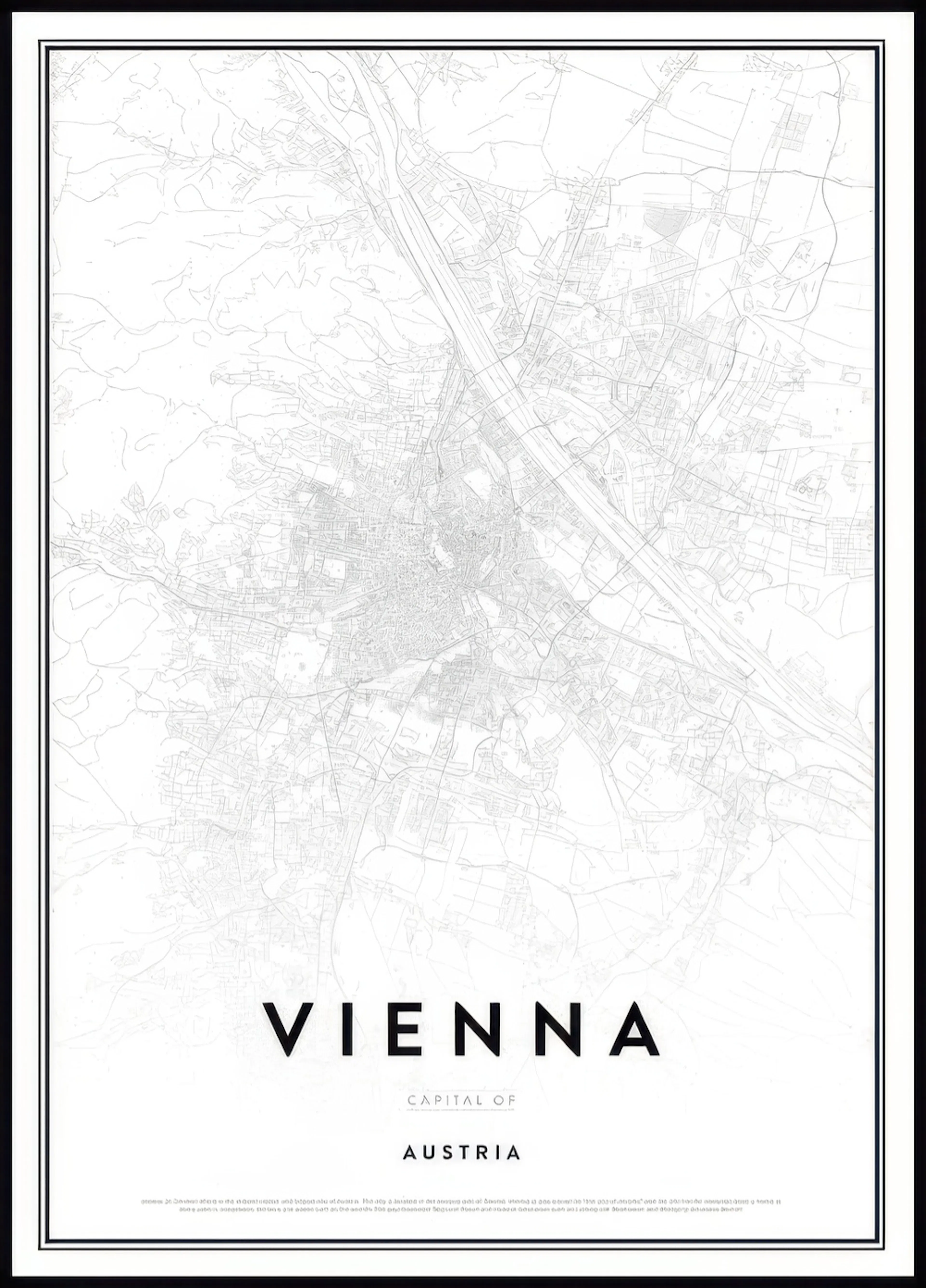 A poster featuring a detailed minimalist street map of Vienna, Austria, in light grey on a white background.