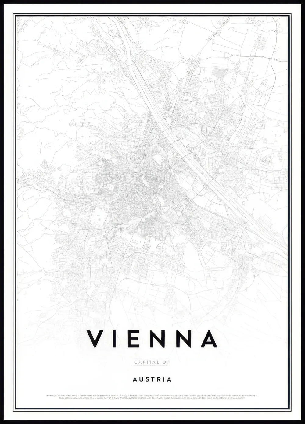 Plakát s detailní mapou Vídně a nápisem VIENNA Capital of AUSTRIA ve spodní části.