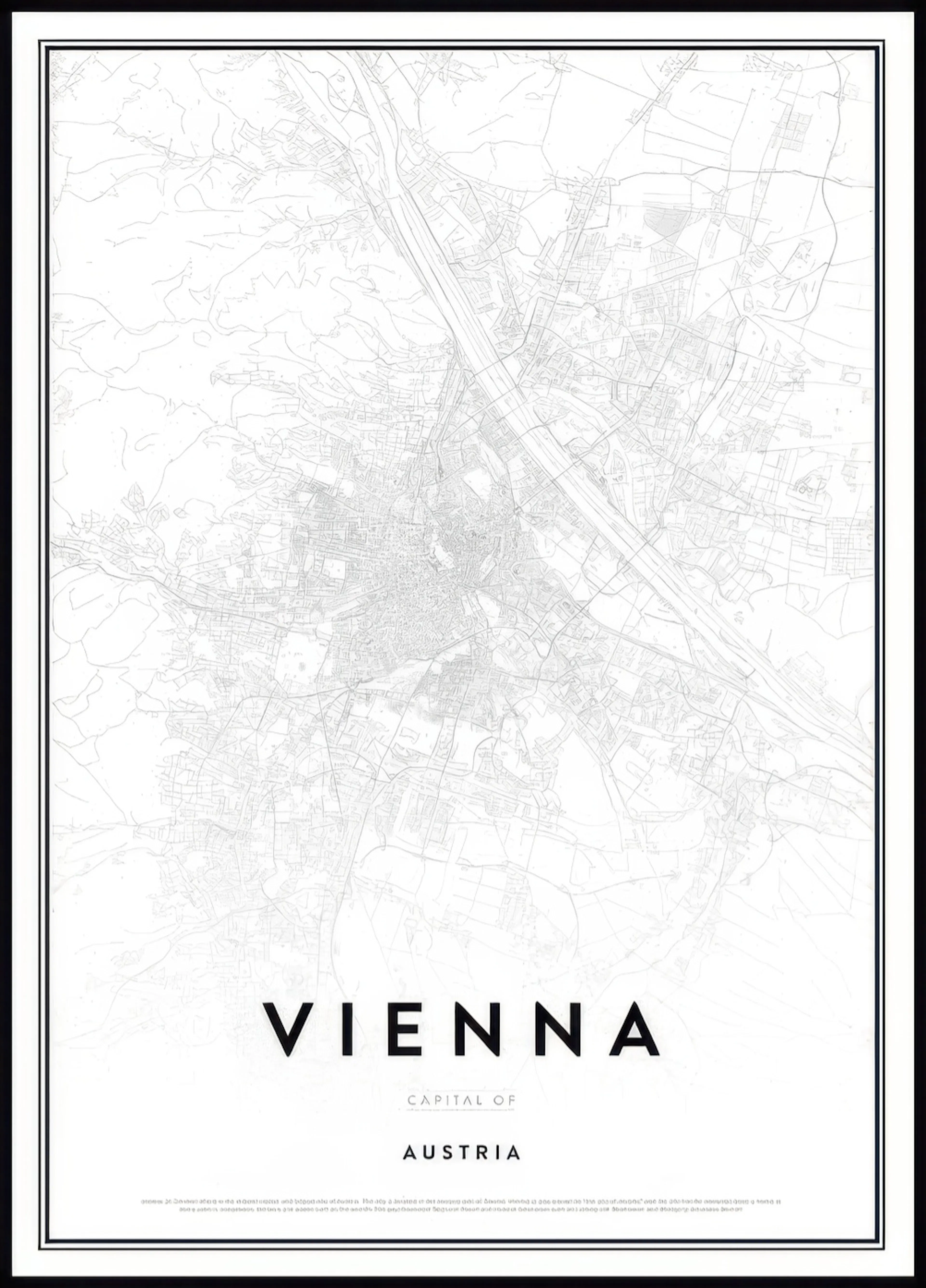 Plakát s detailní mapou Vídně a nápisem VIENNA Capital of AUSTRIA ve spodní části.