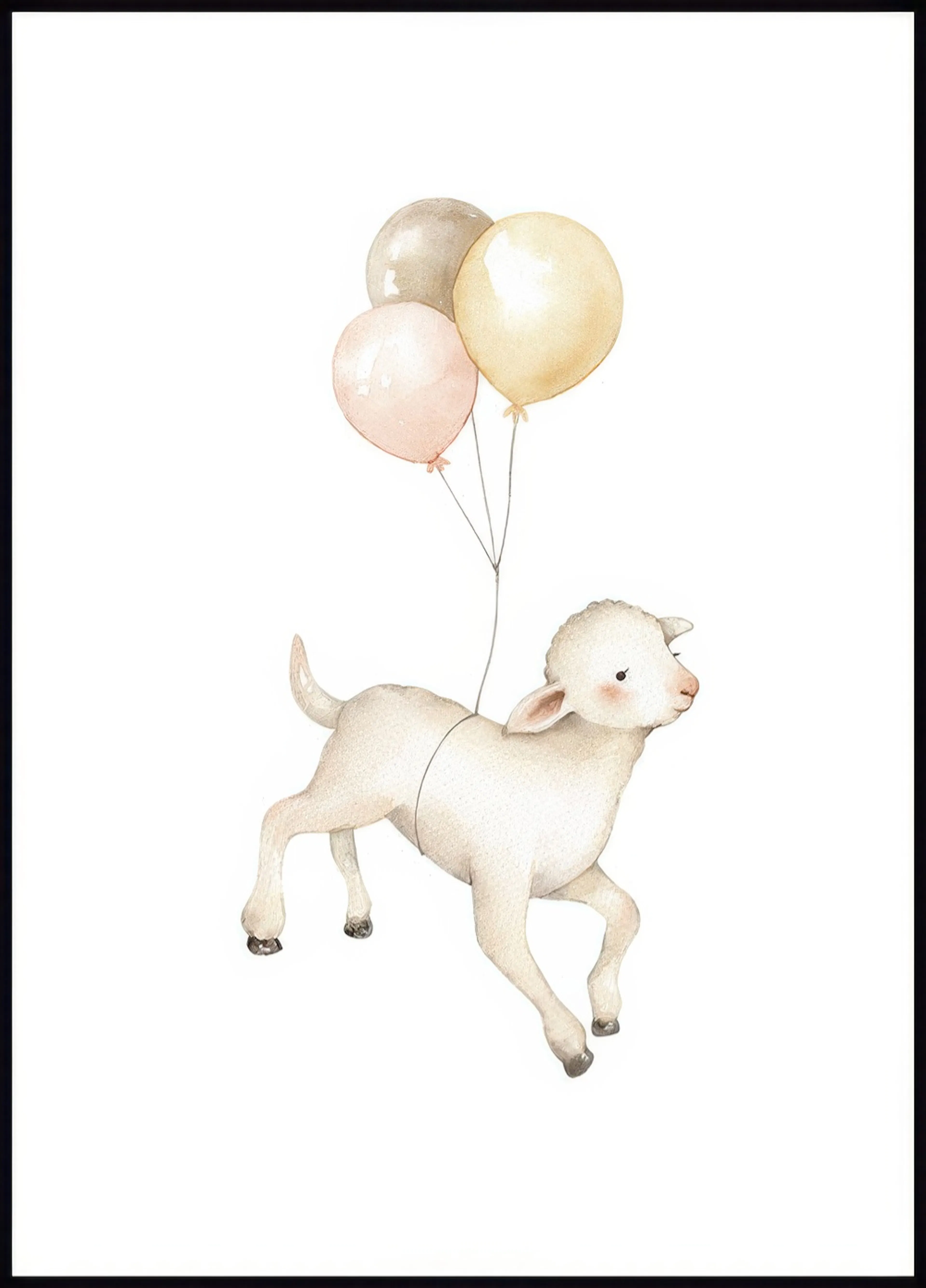 A poster featuring a watercolour illustration of a lamb with three pastel-coloured balloons, floating on a white background.