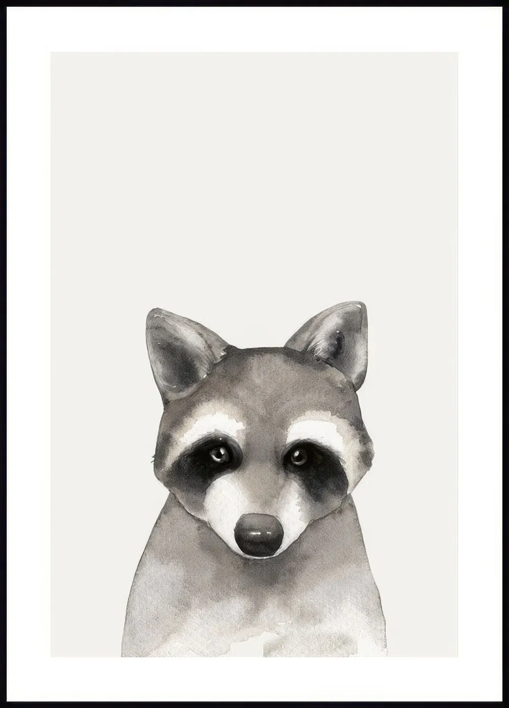 A poster featuring a close-up watercolor illustration of a raccoon in shades of grey and white, against a light background.