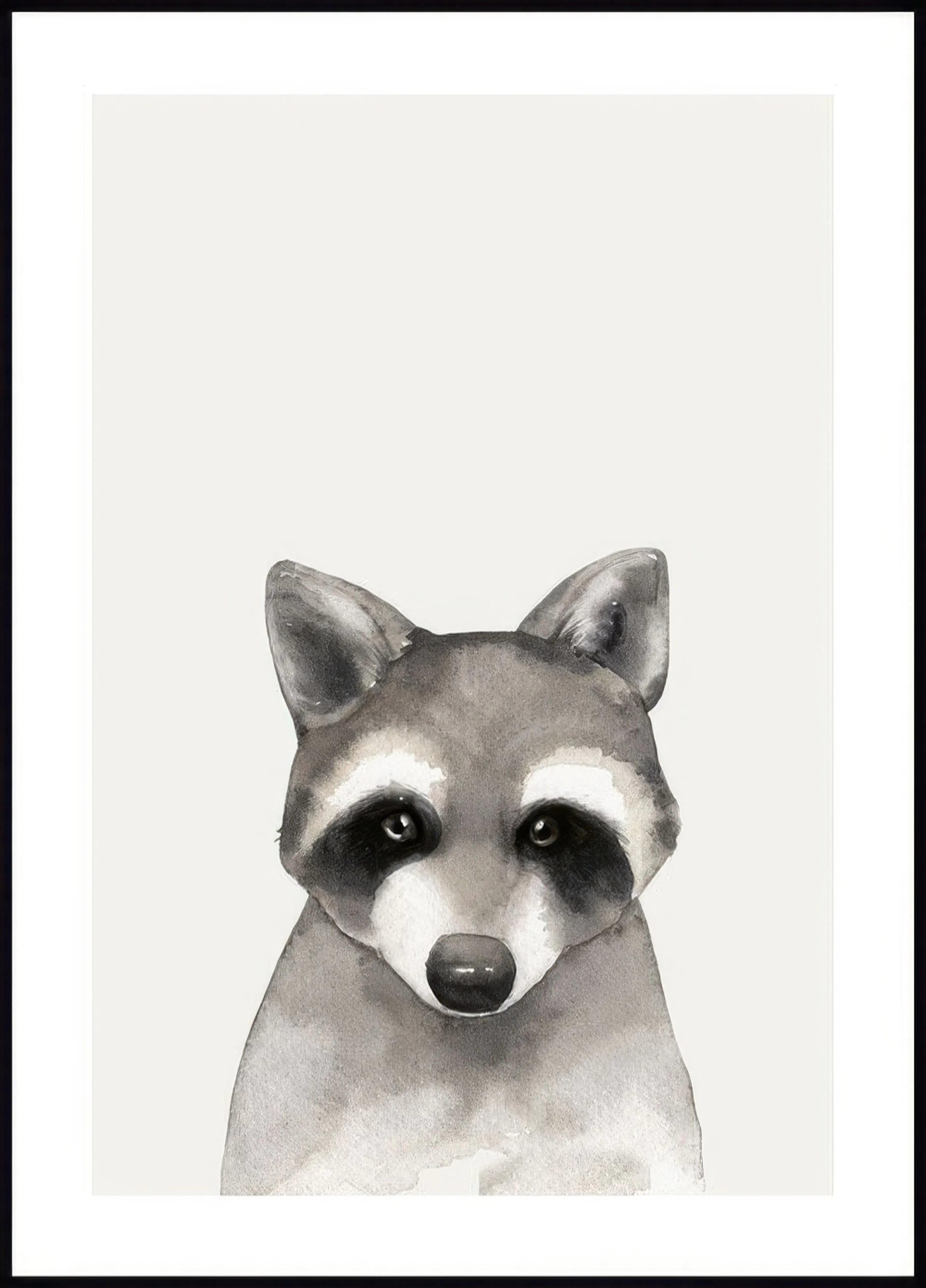 A poster featuring a close-up watercolor illustration of a raccoon in shades of grey and white, against a light background.