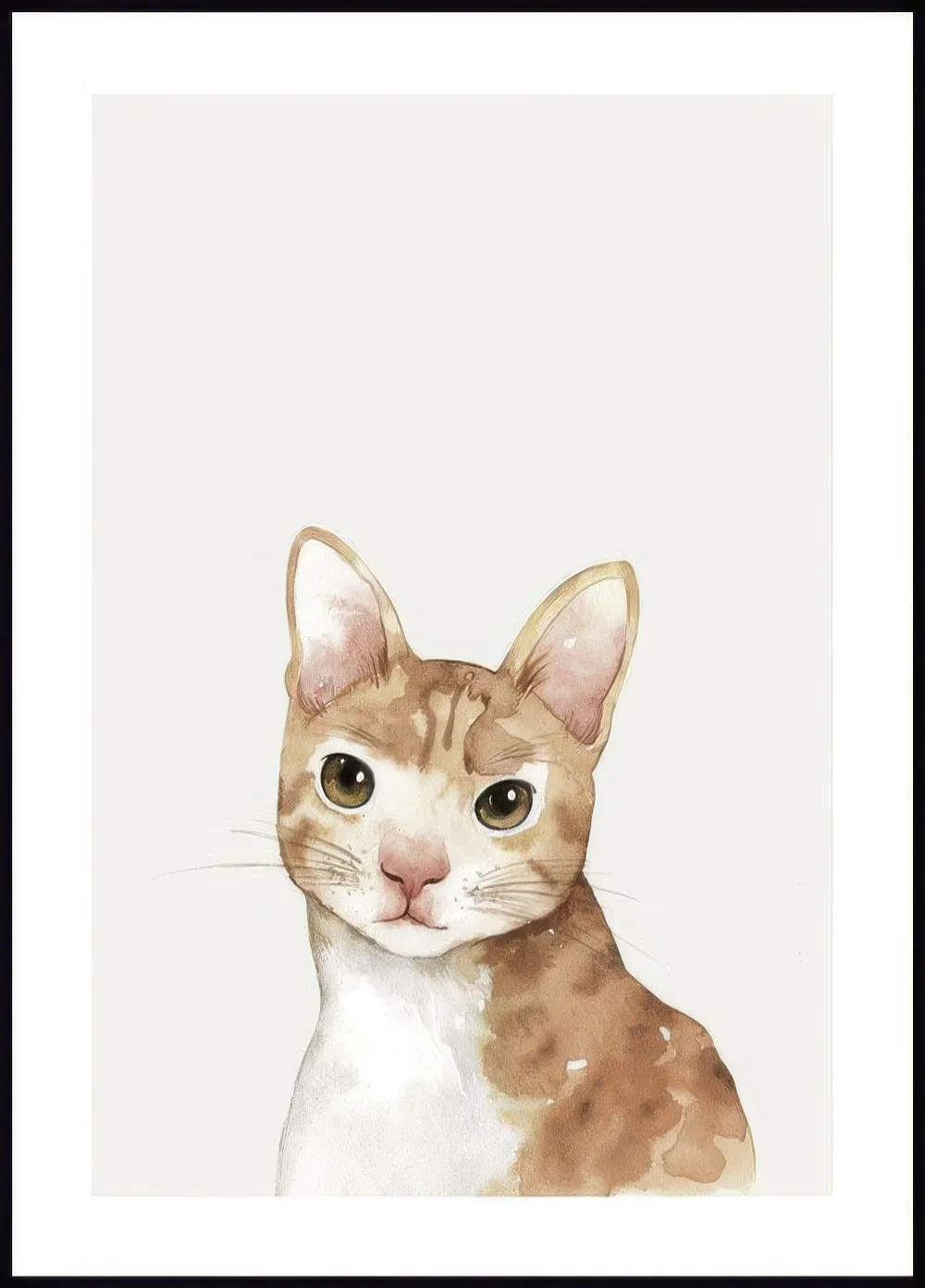 A poster featuring a watercolour illustration of a cute ginger and white cat with big green eyes.