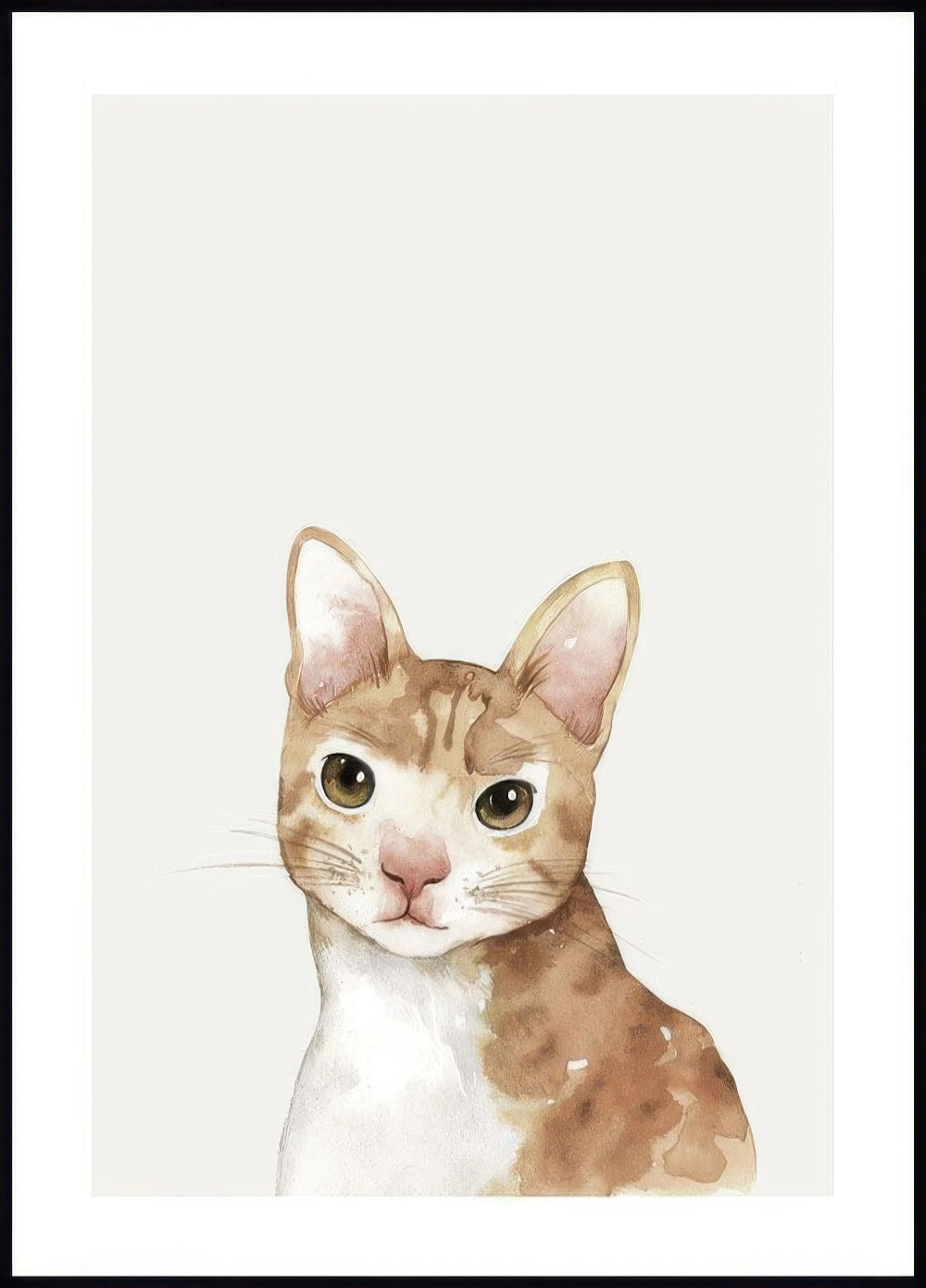 A poster featuring a watercolour illustration of a cute ginger and white cat with big green eyes.