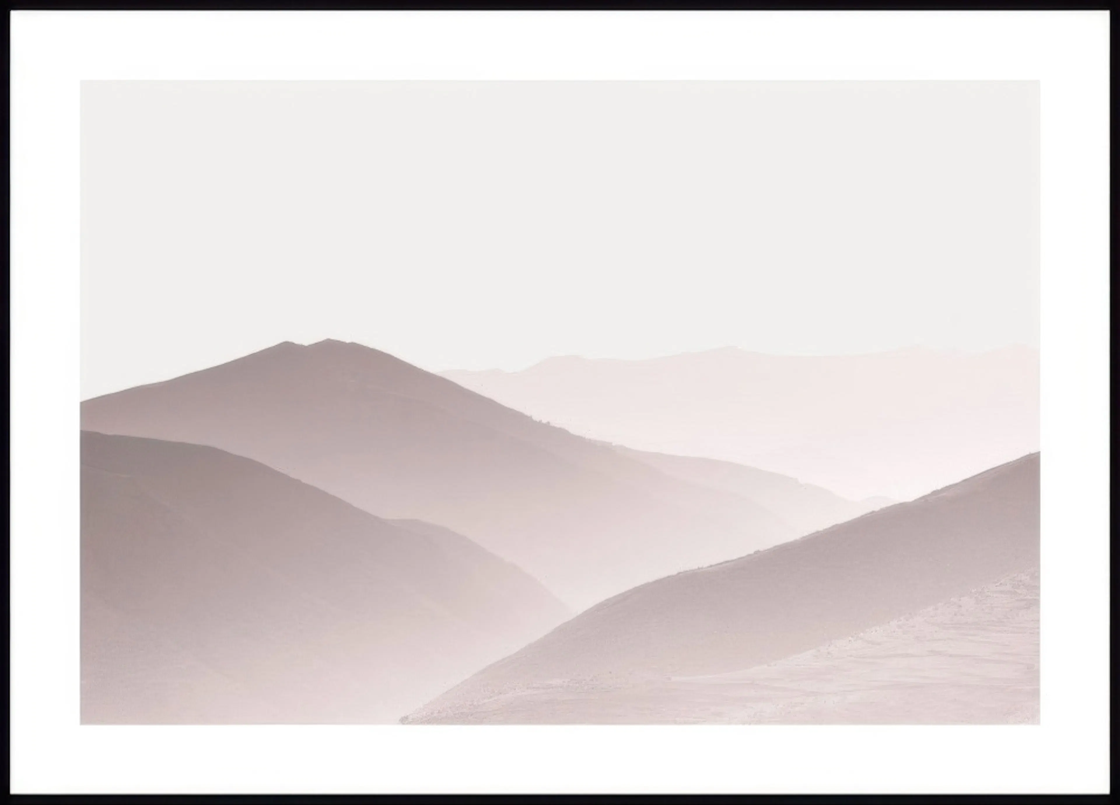 A poster featuring a minimalist mountain landscape with soft, misty layers in muted pinks and purples.