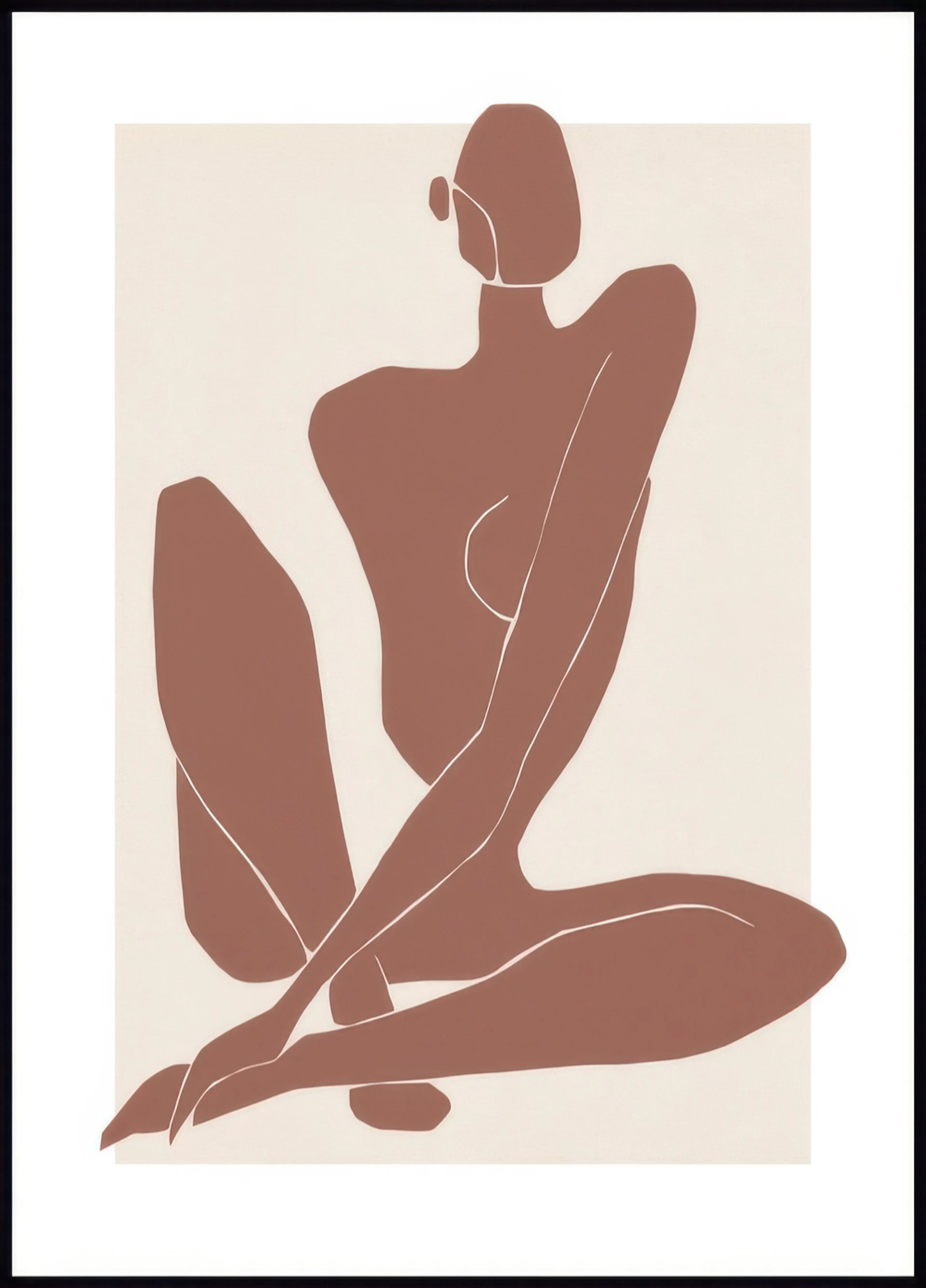 A poster featuring a seated female figure in minimalist brown tones on a light cream background.