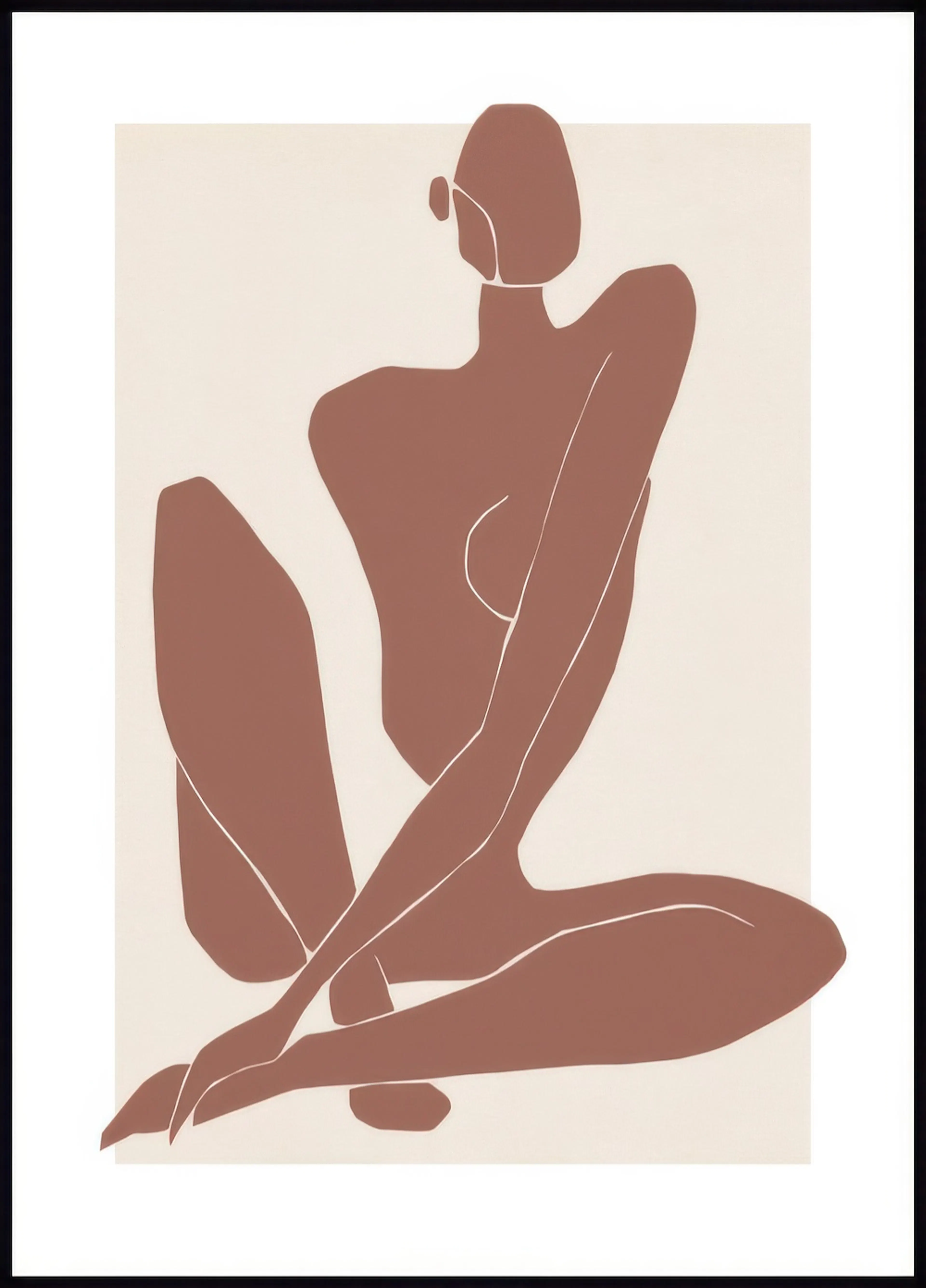 Poster einer sitzenden, weiblichen Figur in dunklem Rostrot auf hellem Hintergrund.