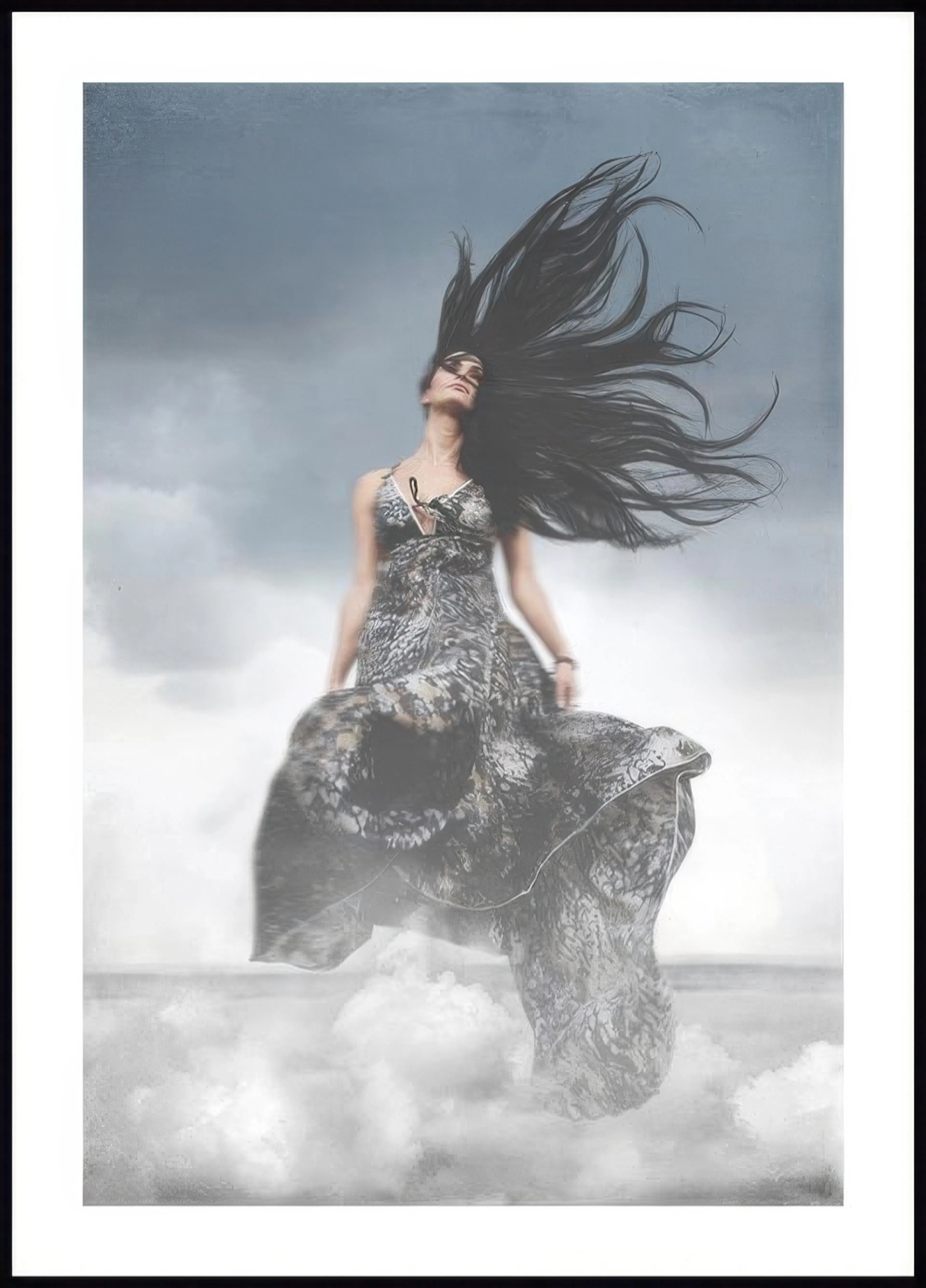 A poster featuring a woman with long dark hair flowing upwards, wearing a patterned dress, amidst clouds.